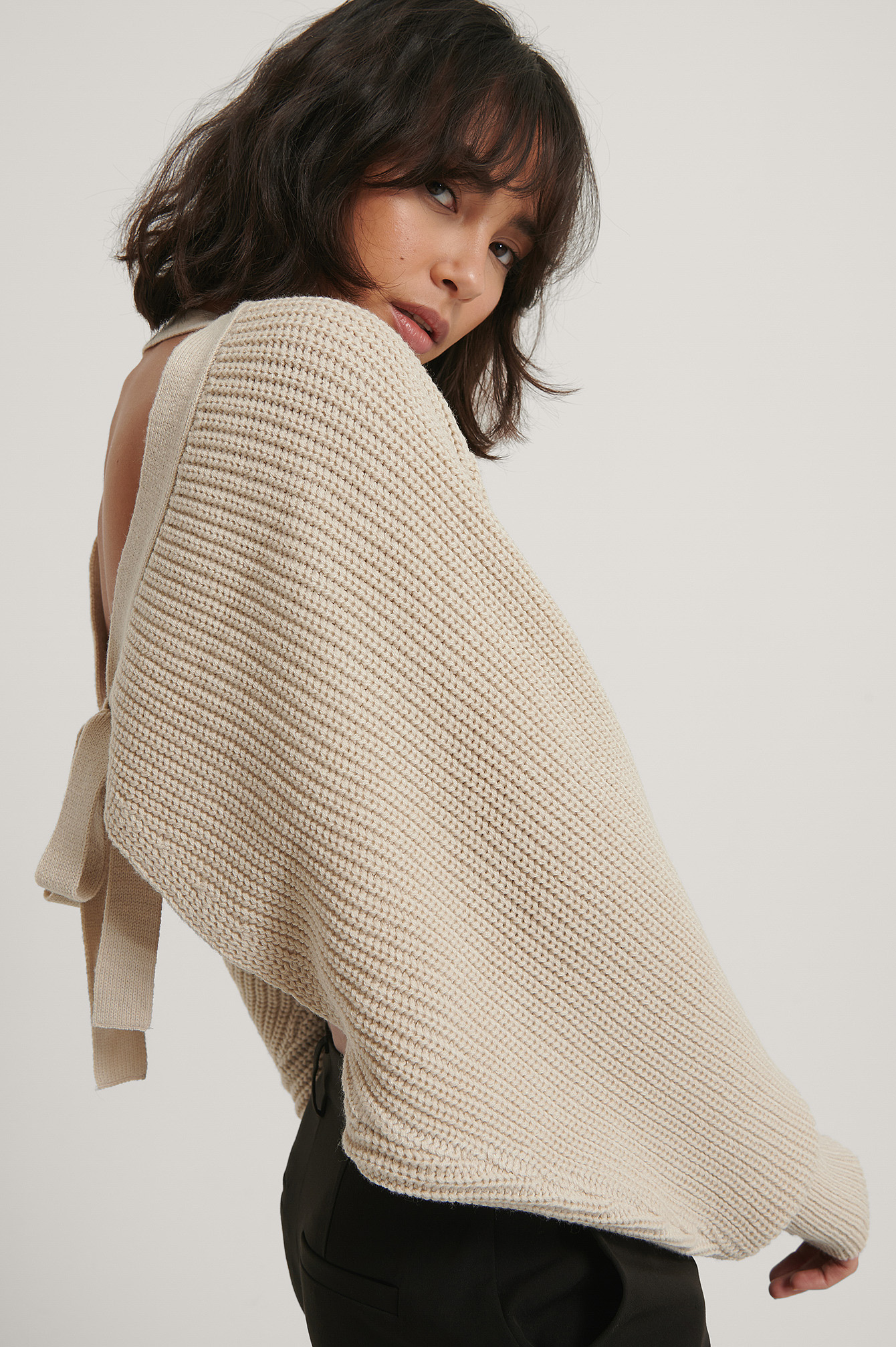 Beige Recycled Batwing Tied Back Sweater