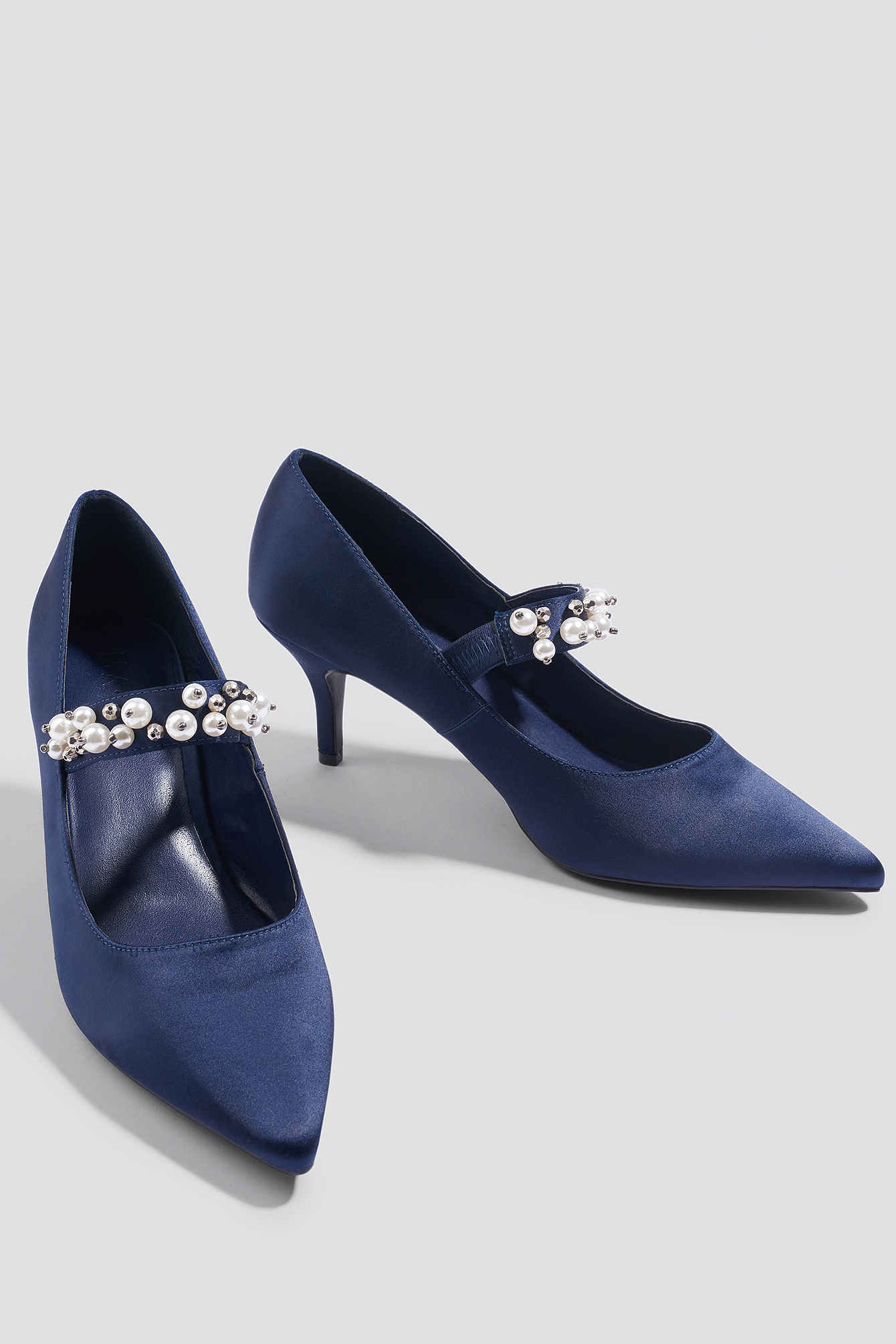Beaded Strap Satin Pumps Dark Blue