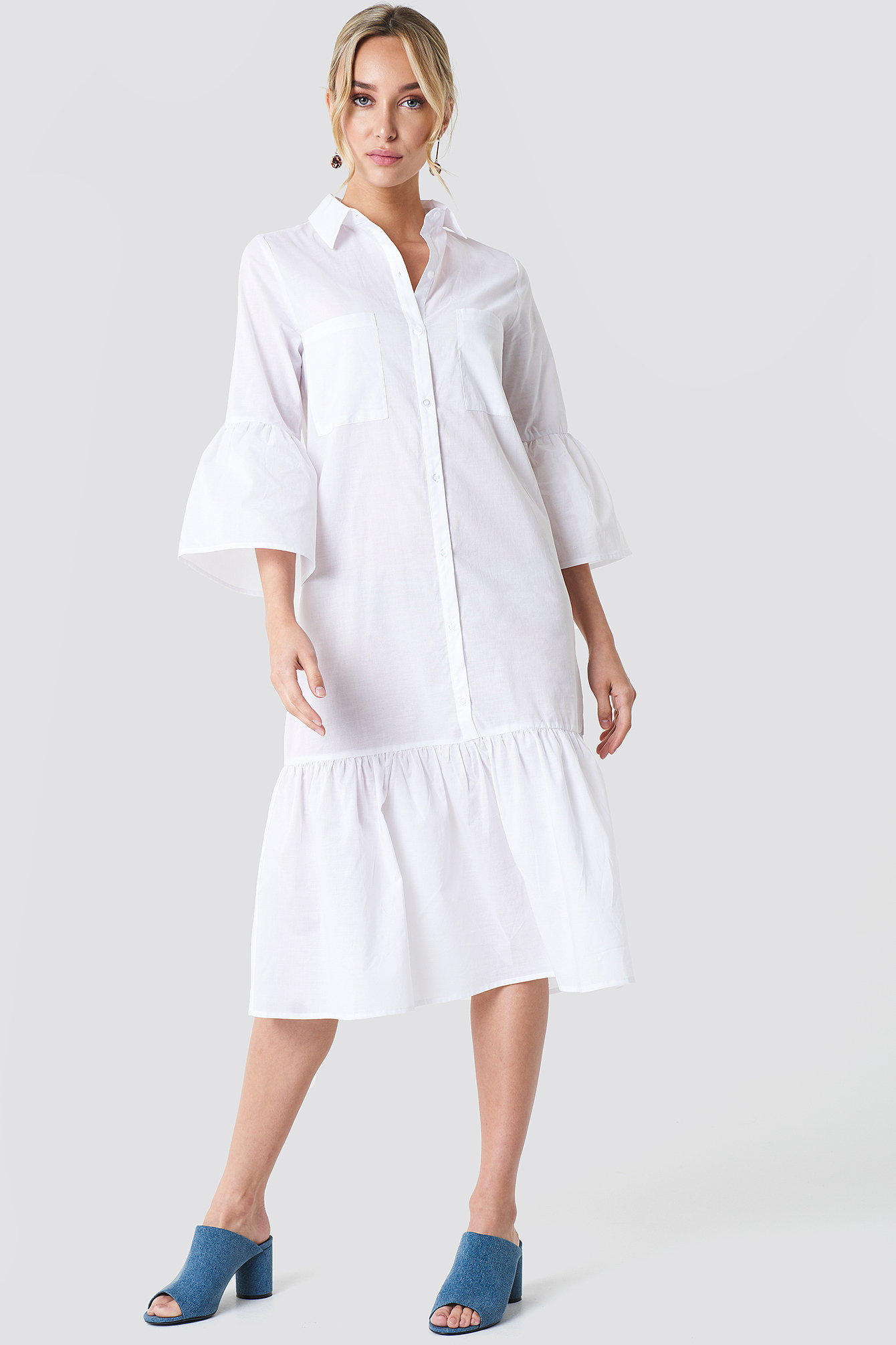 Bell Sleeve Shirt Dress White