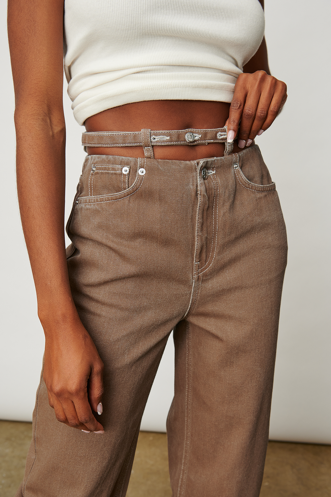Brown Organic Belt Detail Barrel Jeans