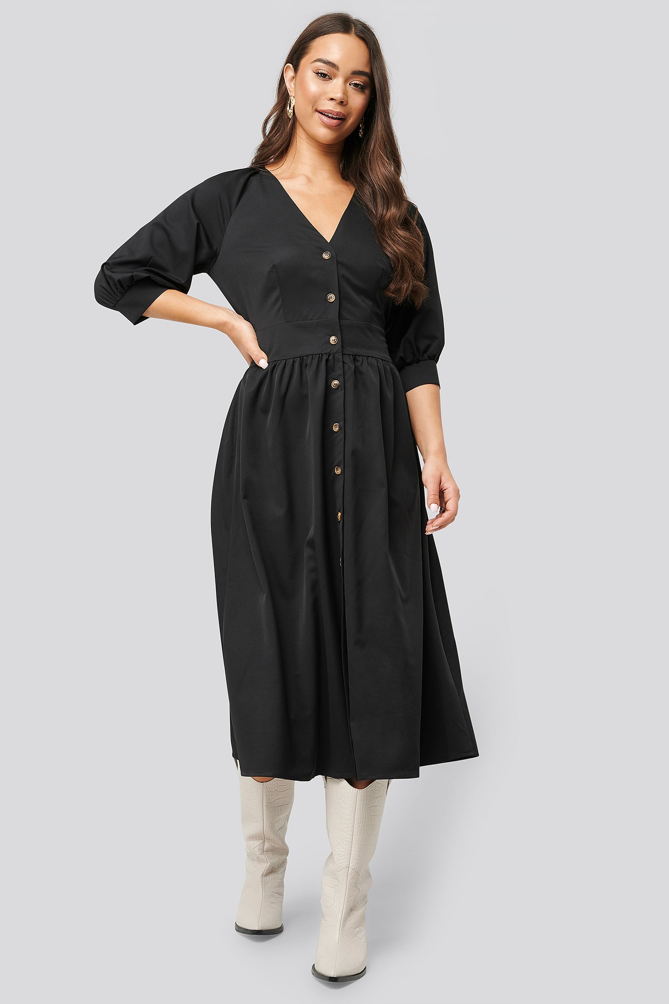 Belted Balloon Sleeve Dress Black | na 