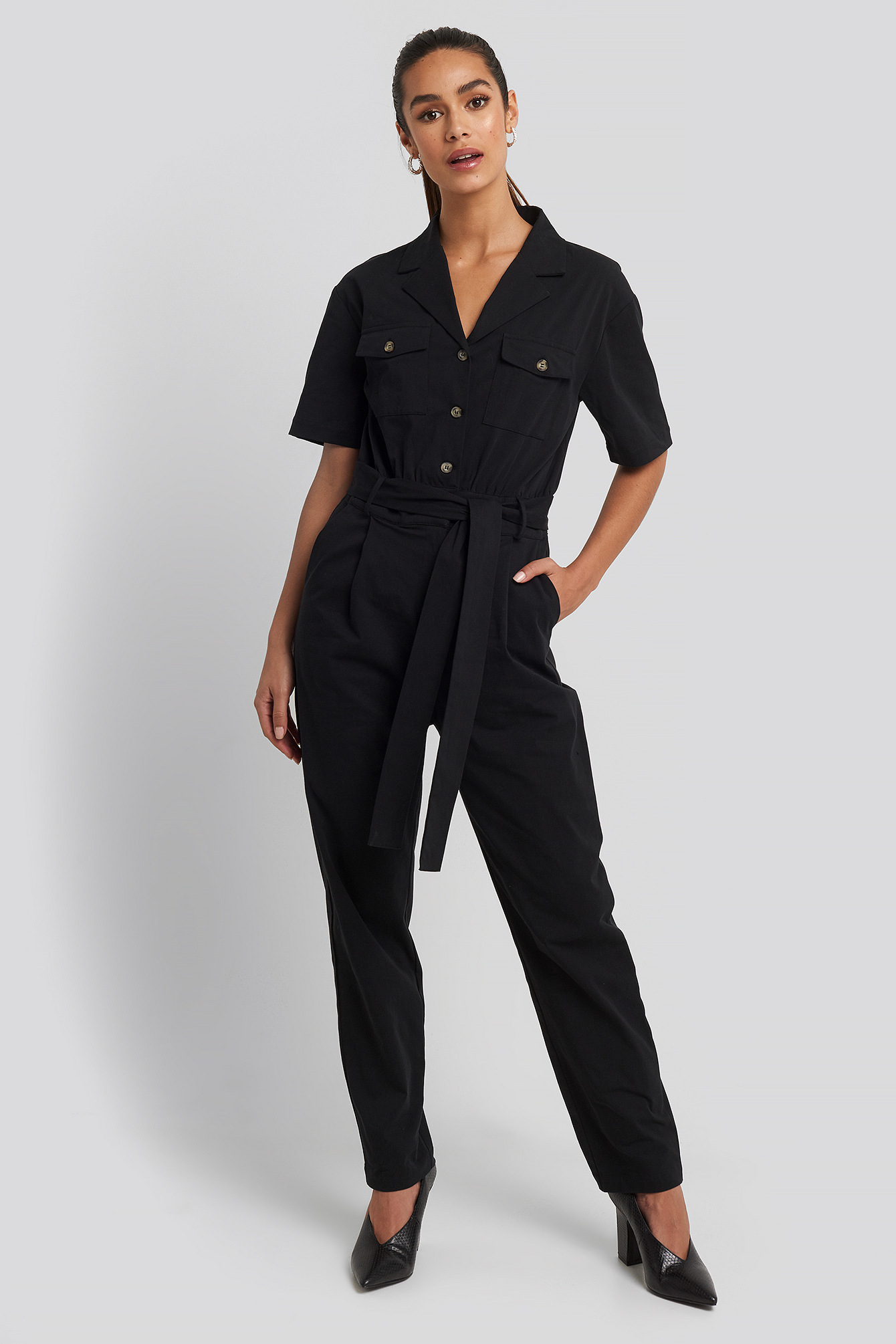 Belted Cargo Short Sleeve Jumpsuit Black
