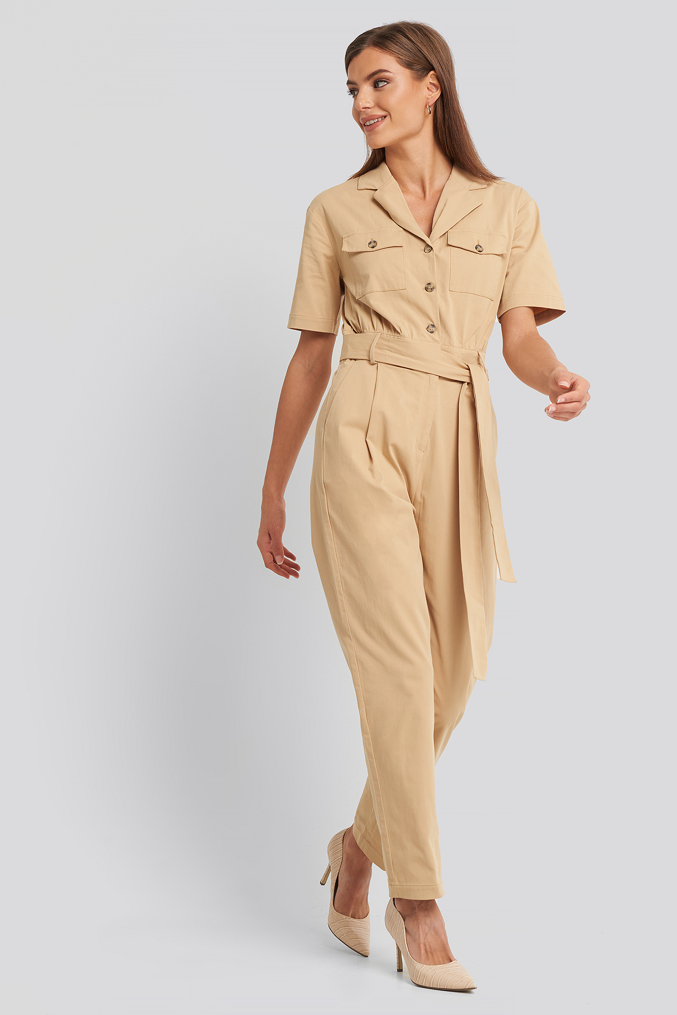 Belted Cargo Short Sleeve Jumpsuit Tan