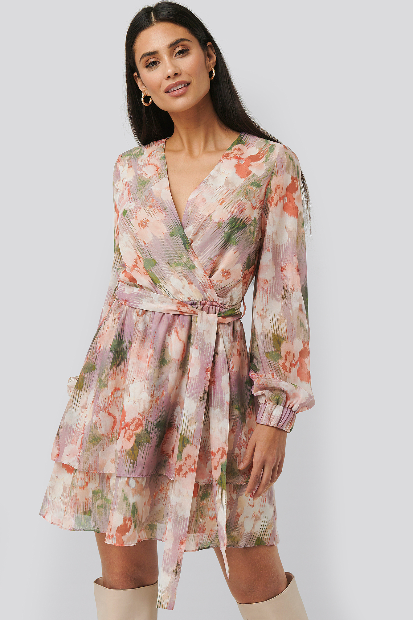 Belted Chiffon Dress Pink Flower