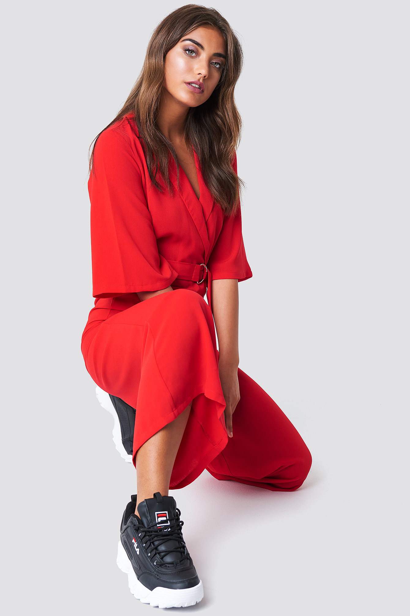 Belted Cropped Jumpsuit Red