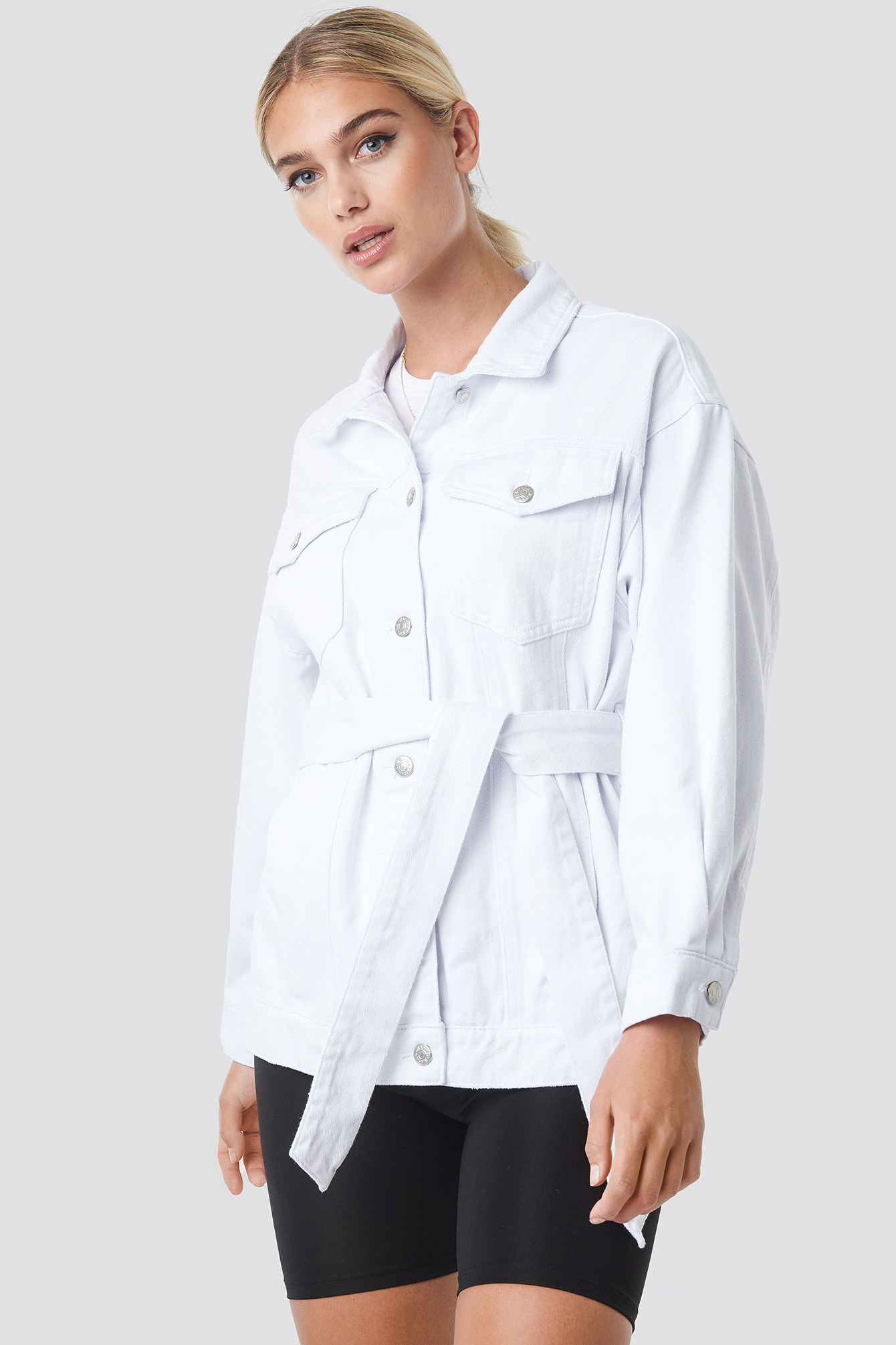 Belted Denim Jacket White