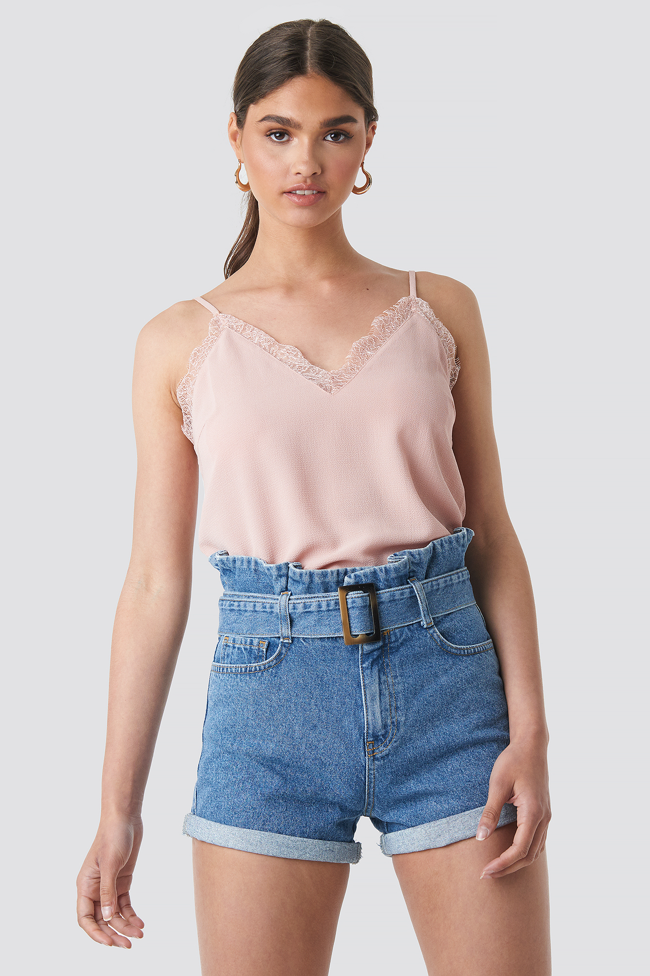 Belted Denim Shorts Mid Blue