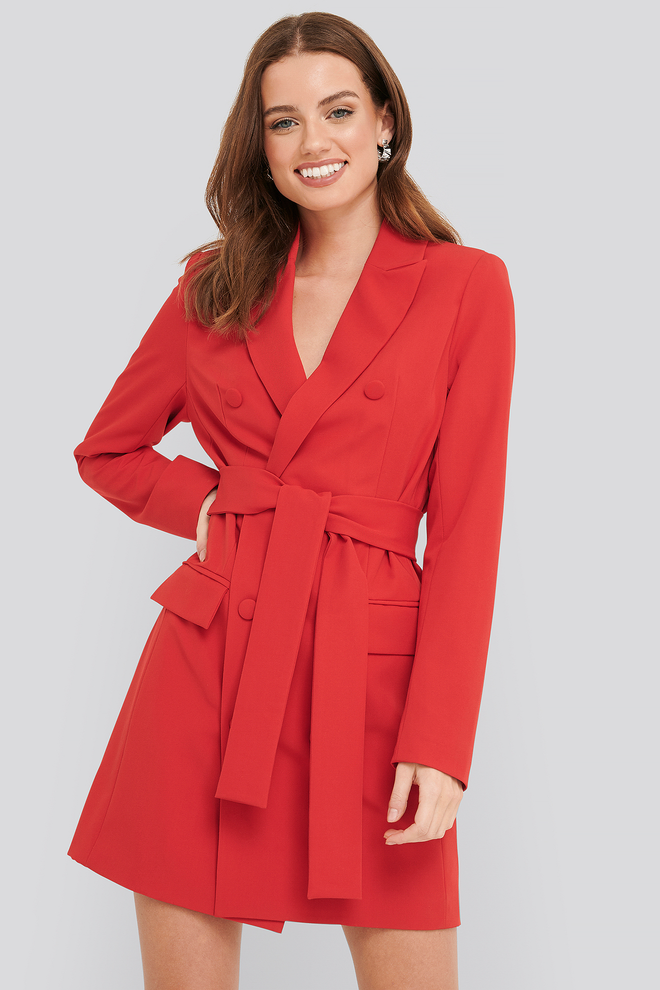 Belted Double Breasted Blazer Dress Red