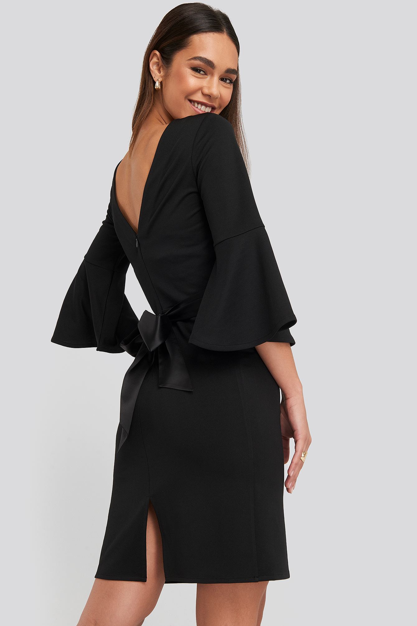 Belted Flute Sleeve Bodycon Dress Black