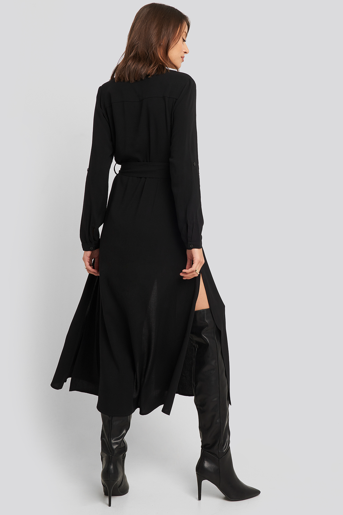 Belted Grandad Collar Shirt Dress Black 