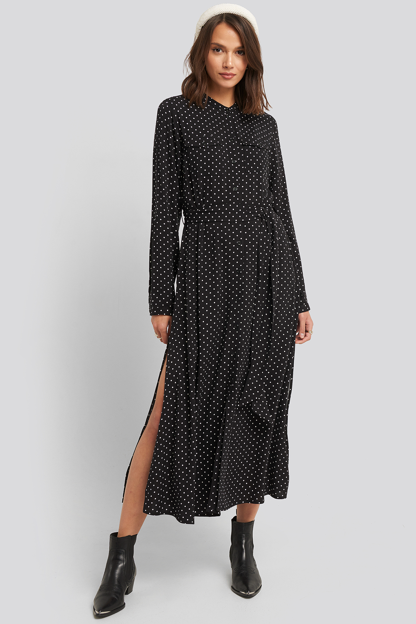 Belted Grandad Collar Shirt Dress Black/White dots