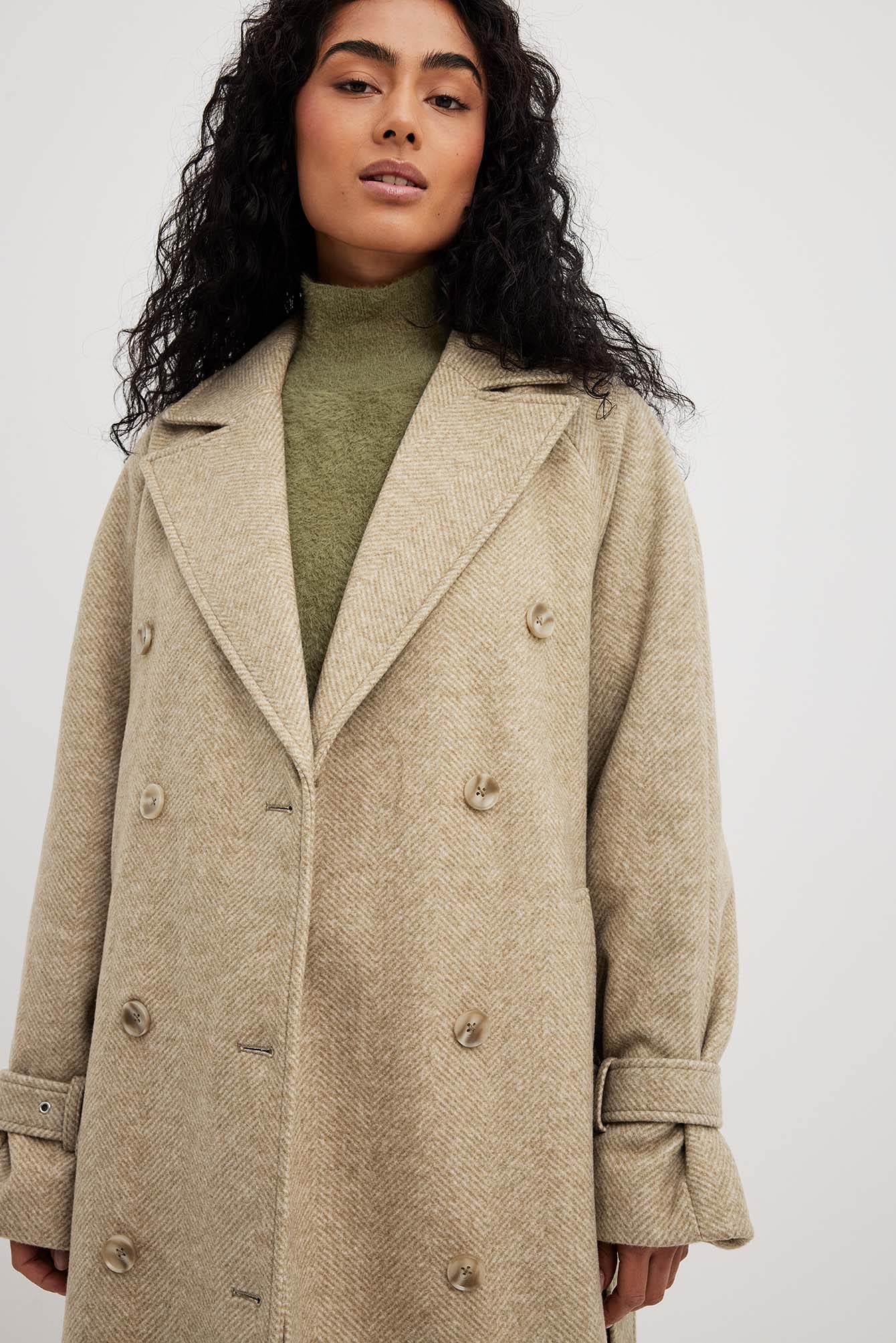 Belted Herringbone Coat Green NAKD