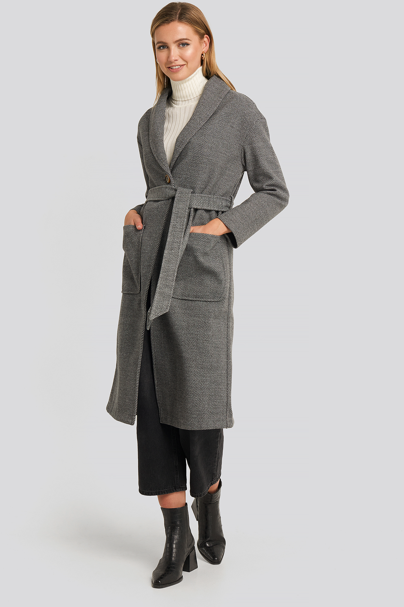 Belted Long Coat Printed