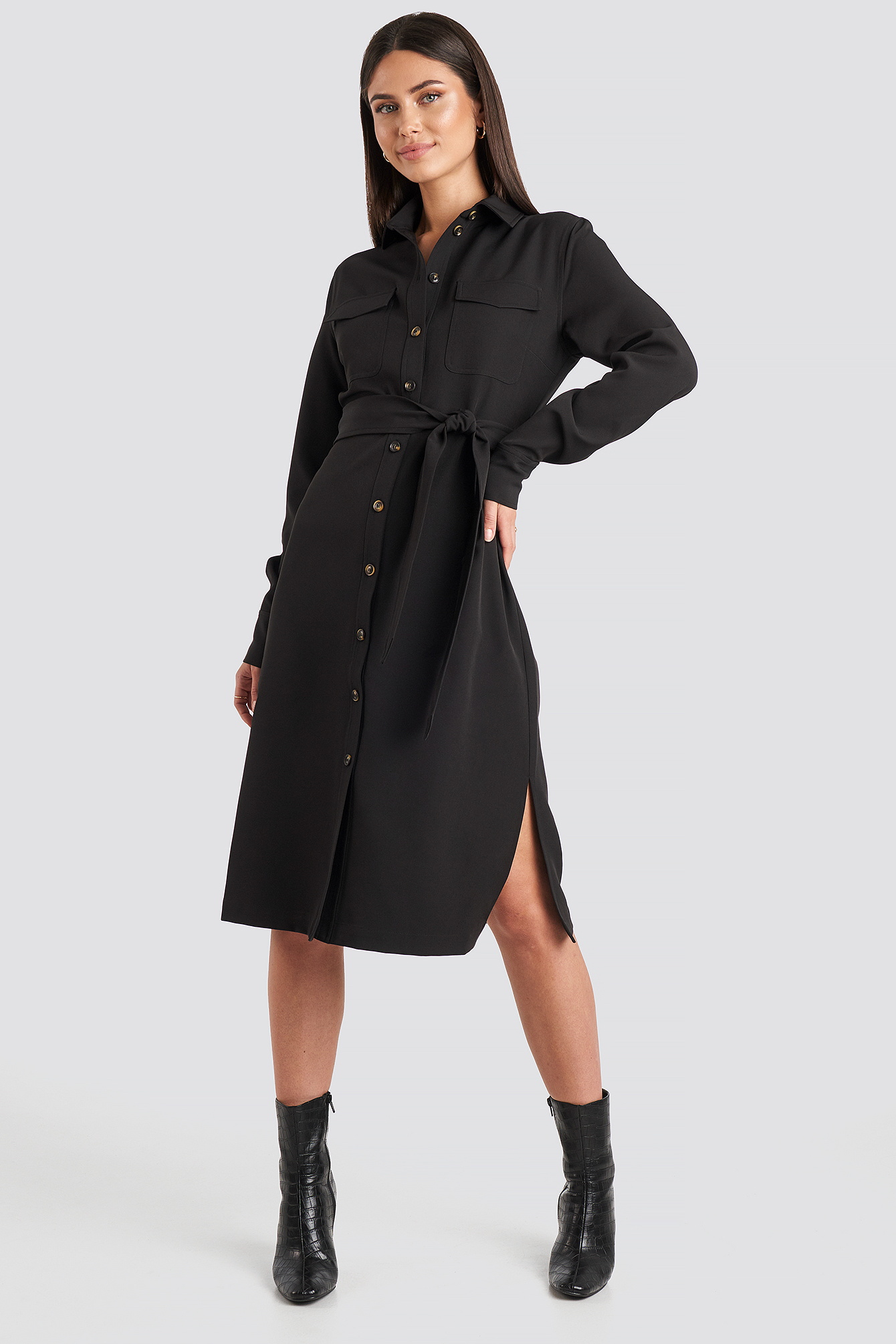 Belted Long Shirt Dress Black