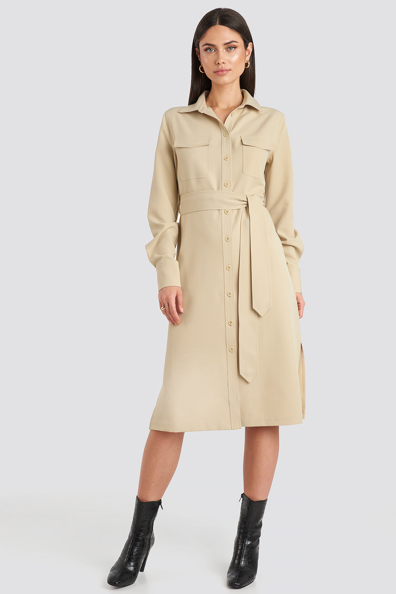 Belted Long Shirt Dress Sand