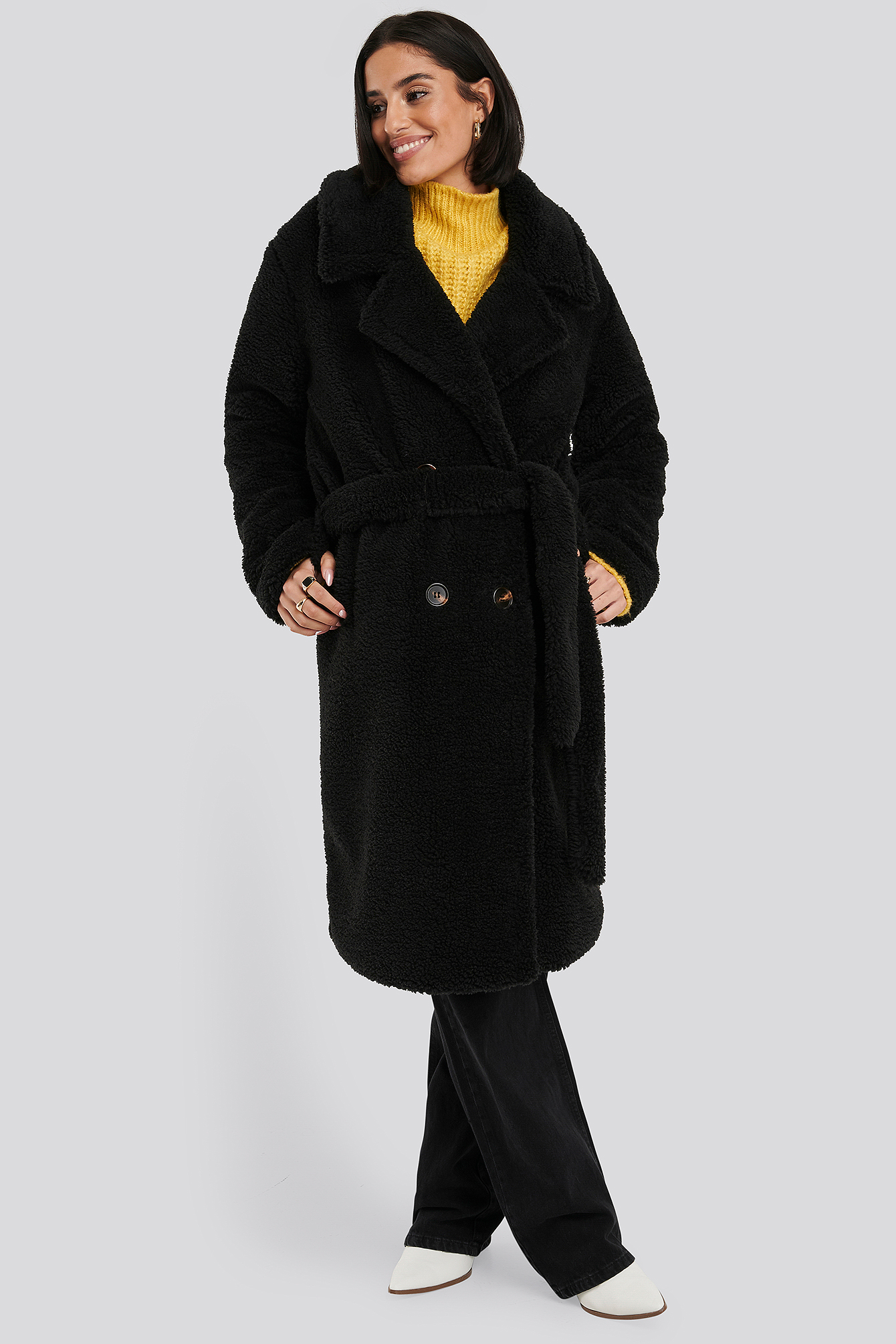 Belted Long Teddy Coat Black