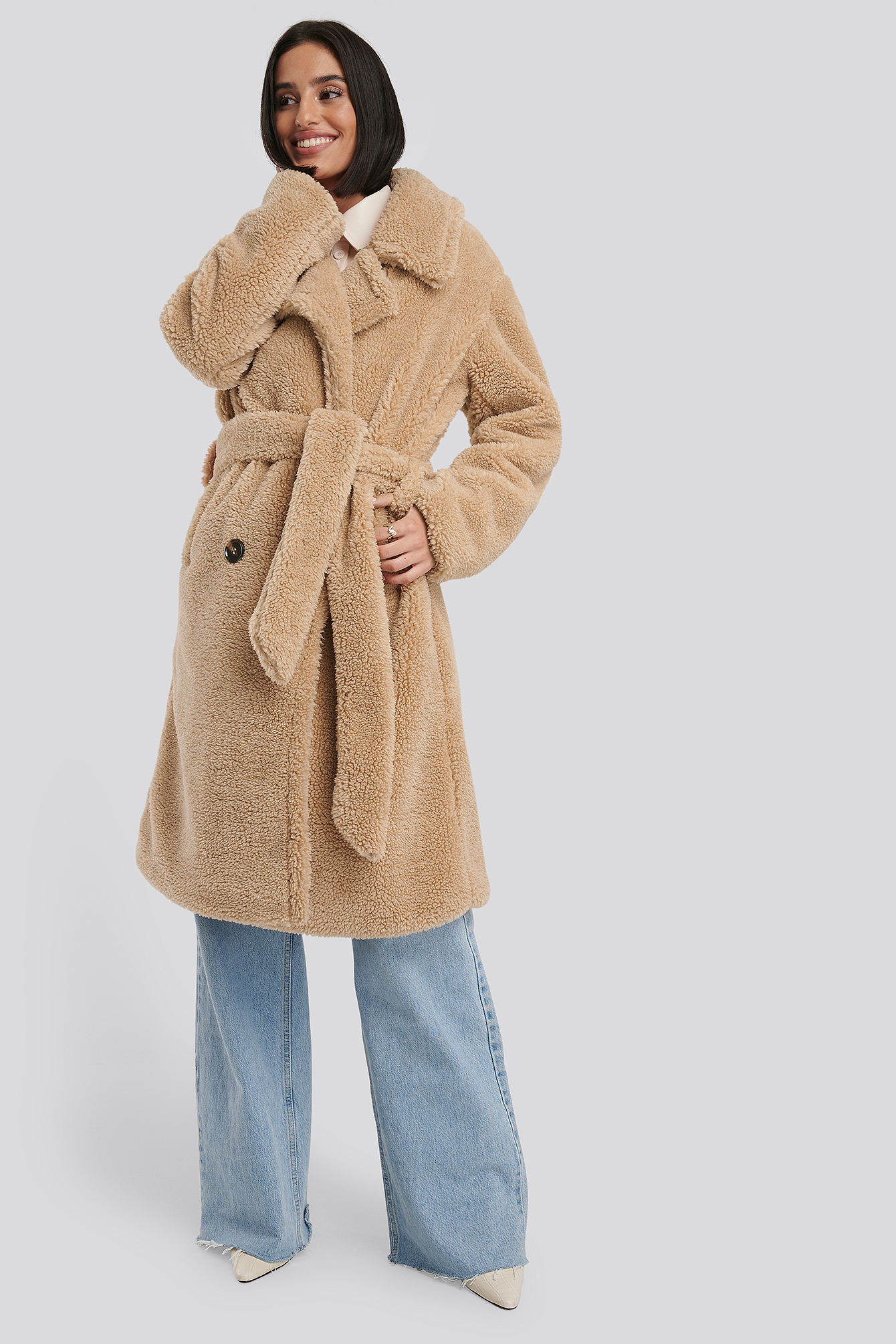 Belted Long Teddy Coat Beige