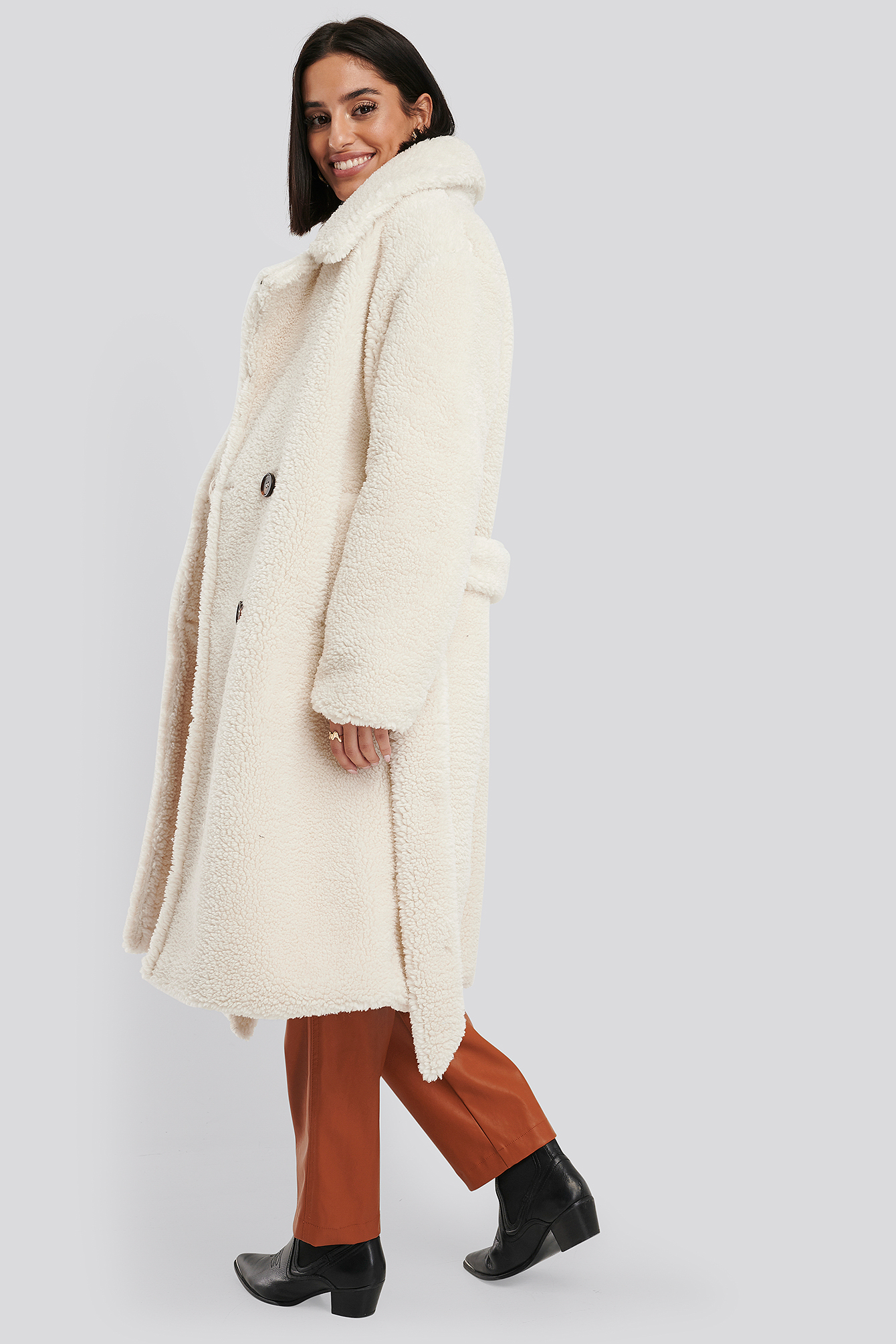 Belted Long Teddy Coat Offwhite