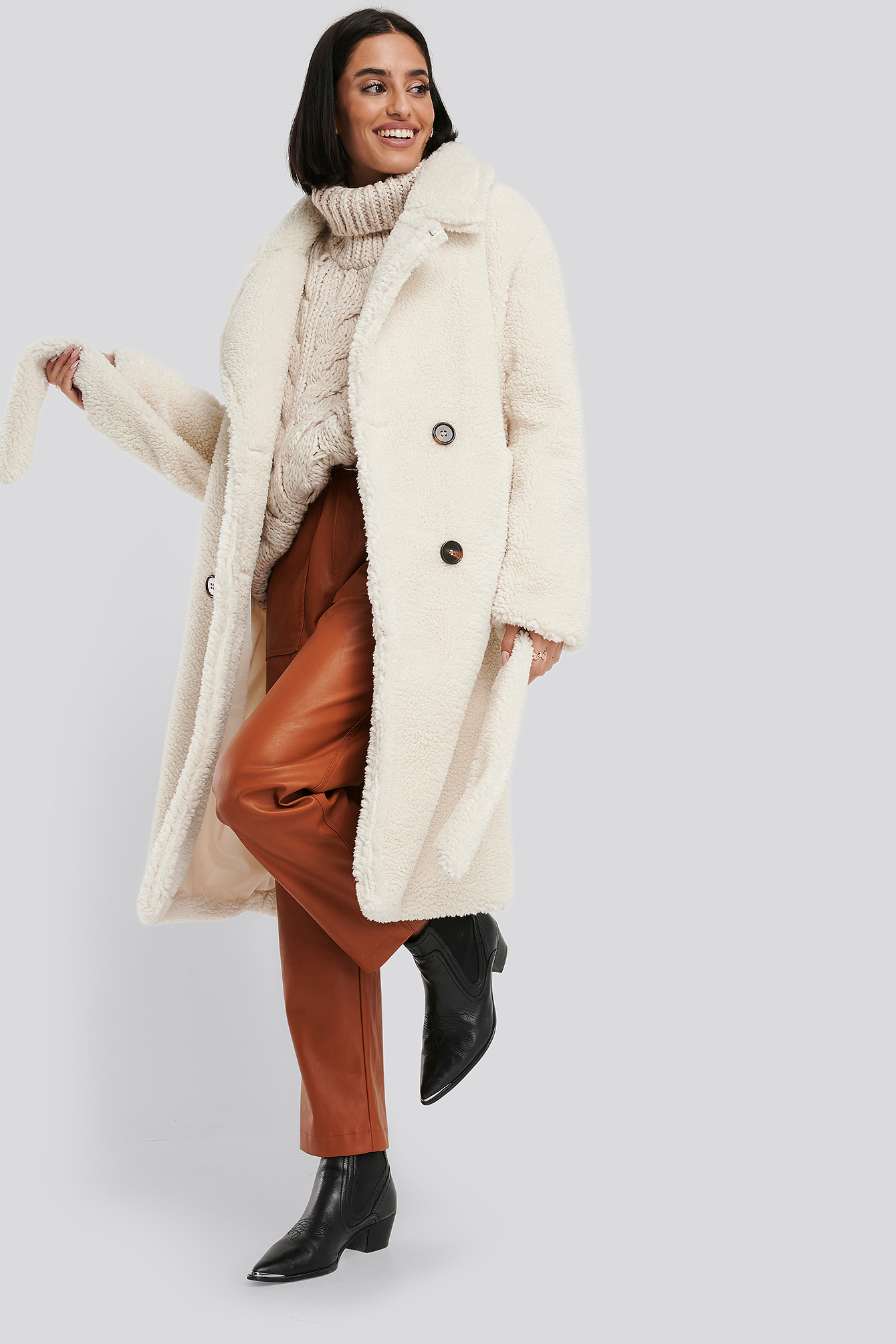NA-KD Belted Long Teddy Coat White