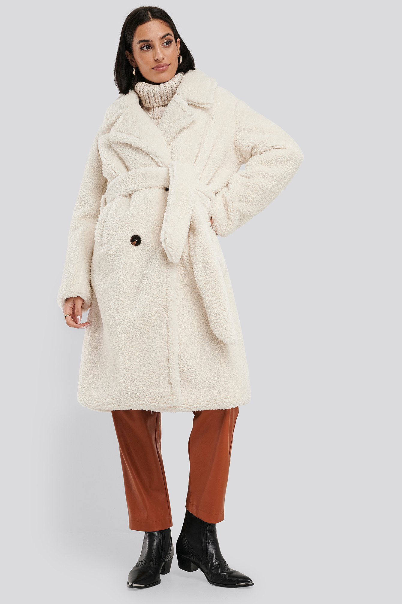 NA-KD Belted Long Teddy Coat White