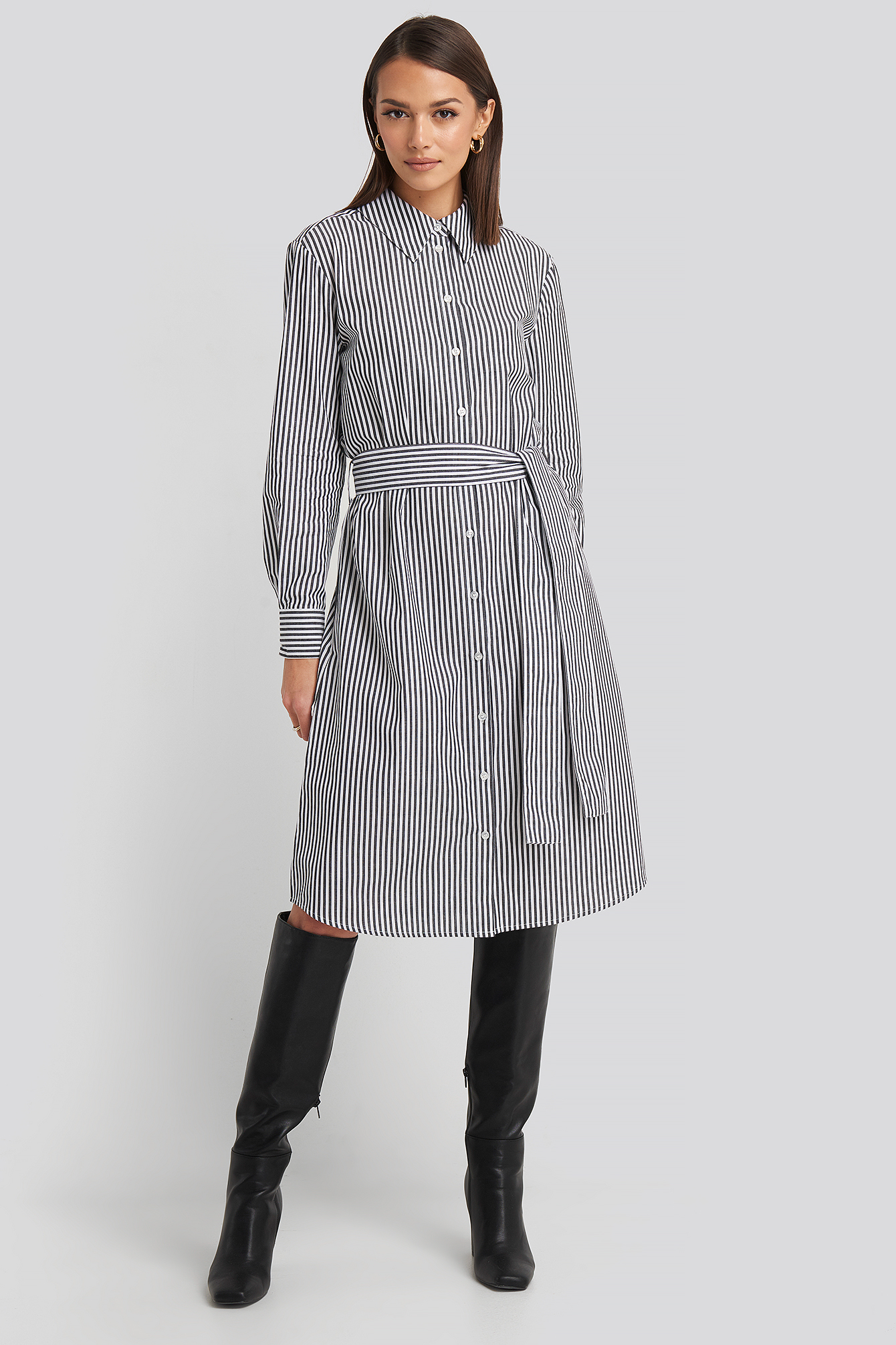 Belted Midi Shirt Dress Grey/White