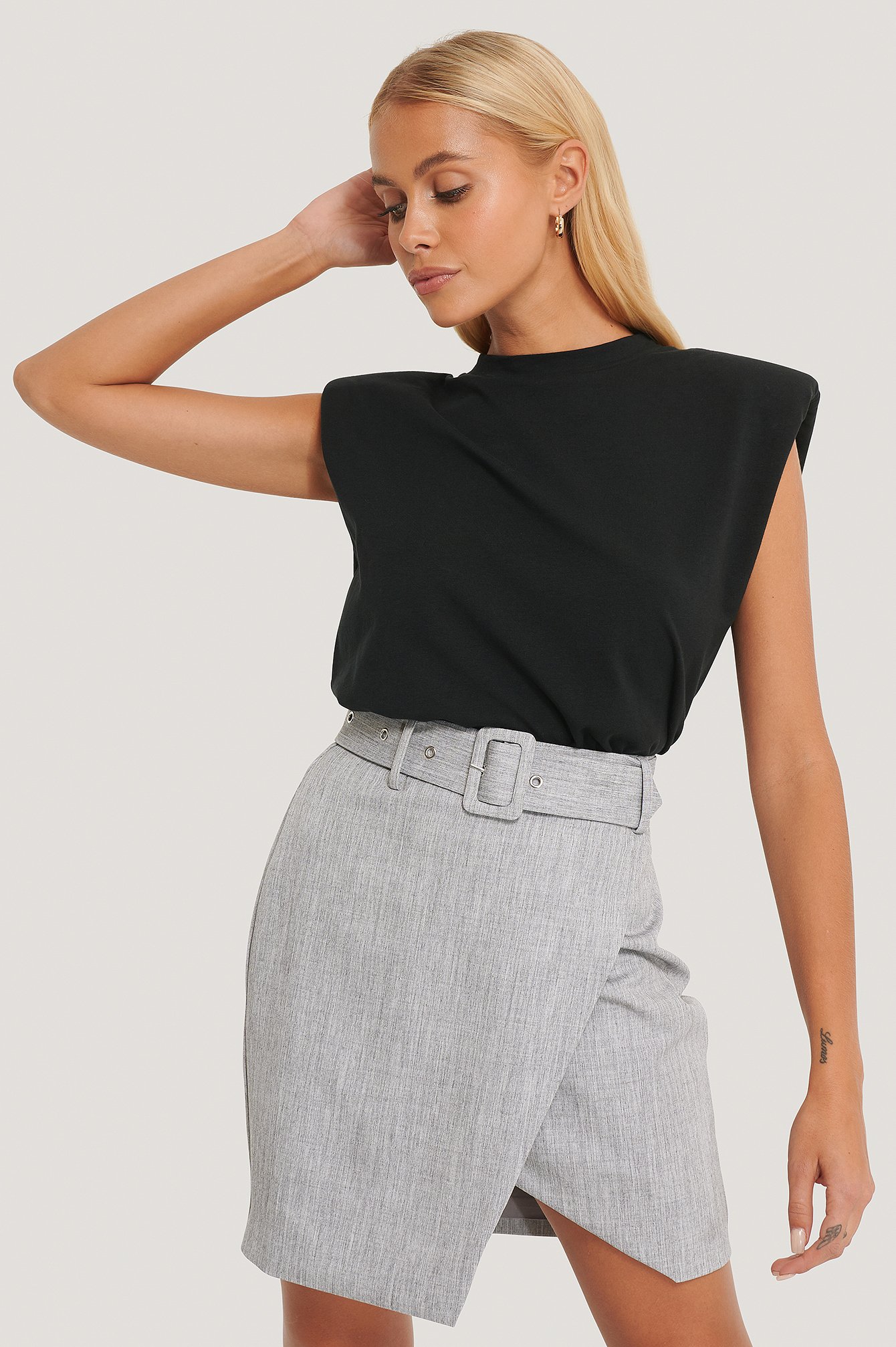 Grey Belted Overlap Mini Skirt