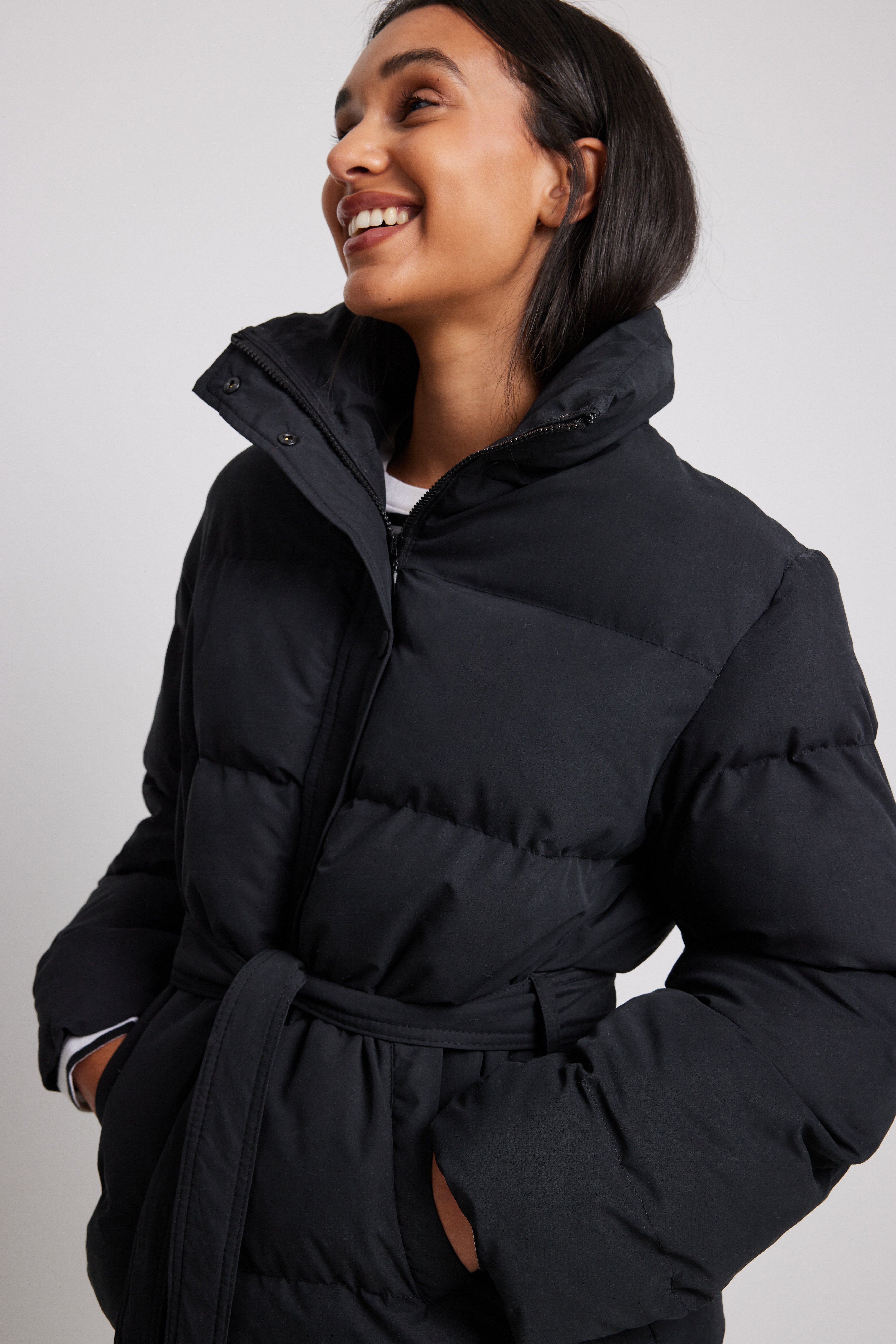 Black Recycled Belted Padded Jacket