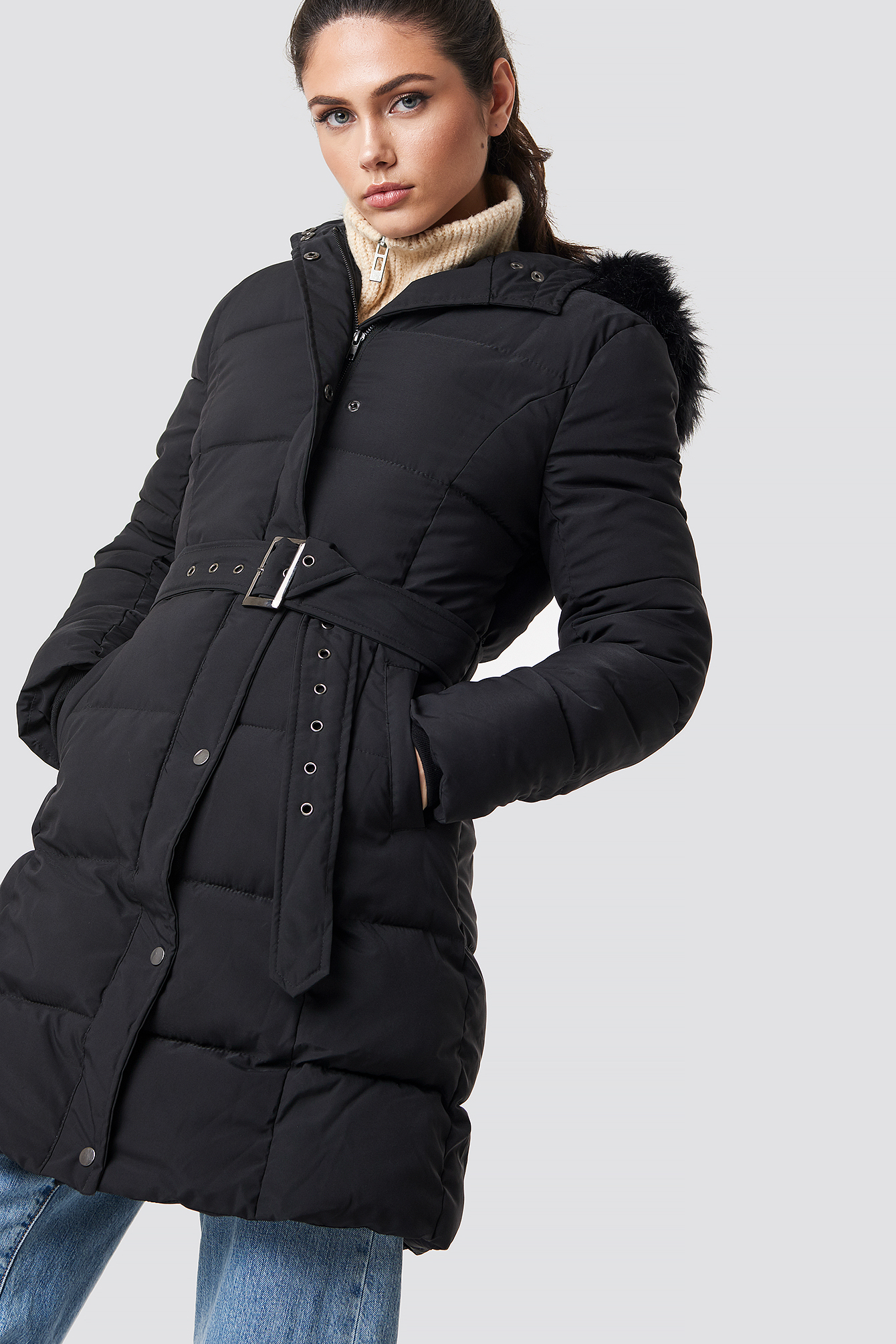 Belted Padded Parkas Black