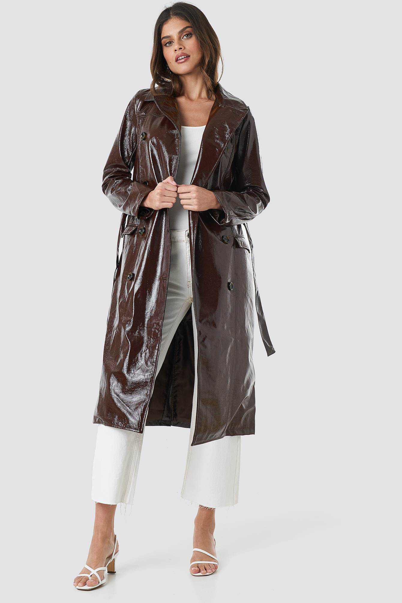 Belted Patent Jacket Dark Brown