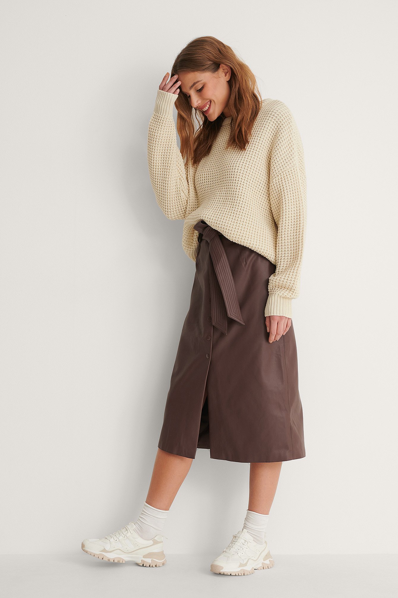 Brown Belted PU Midi Skirt