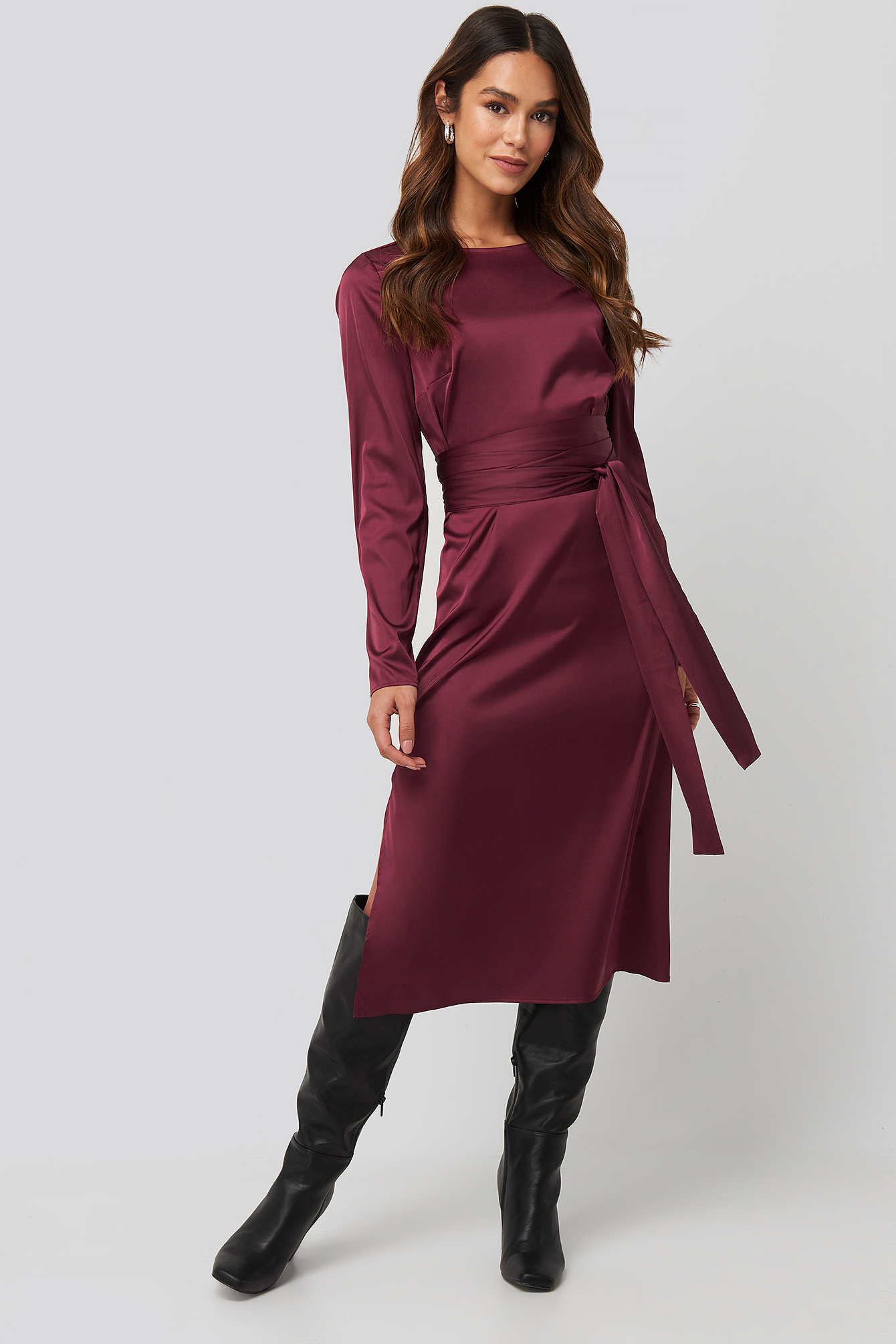 Belted Satin Midi Dress Burgundy