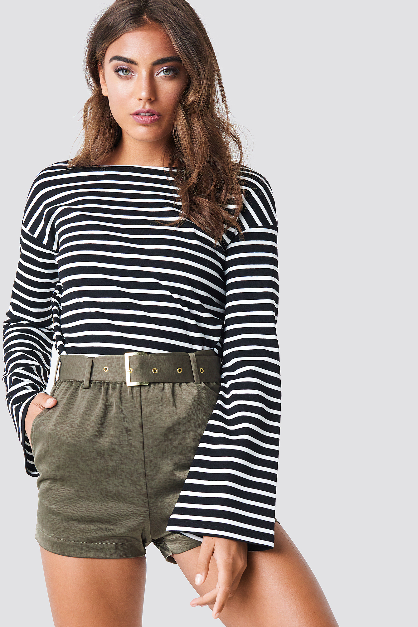 Belted Satin Shorts Olive Green