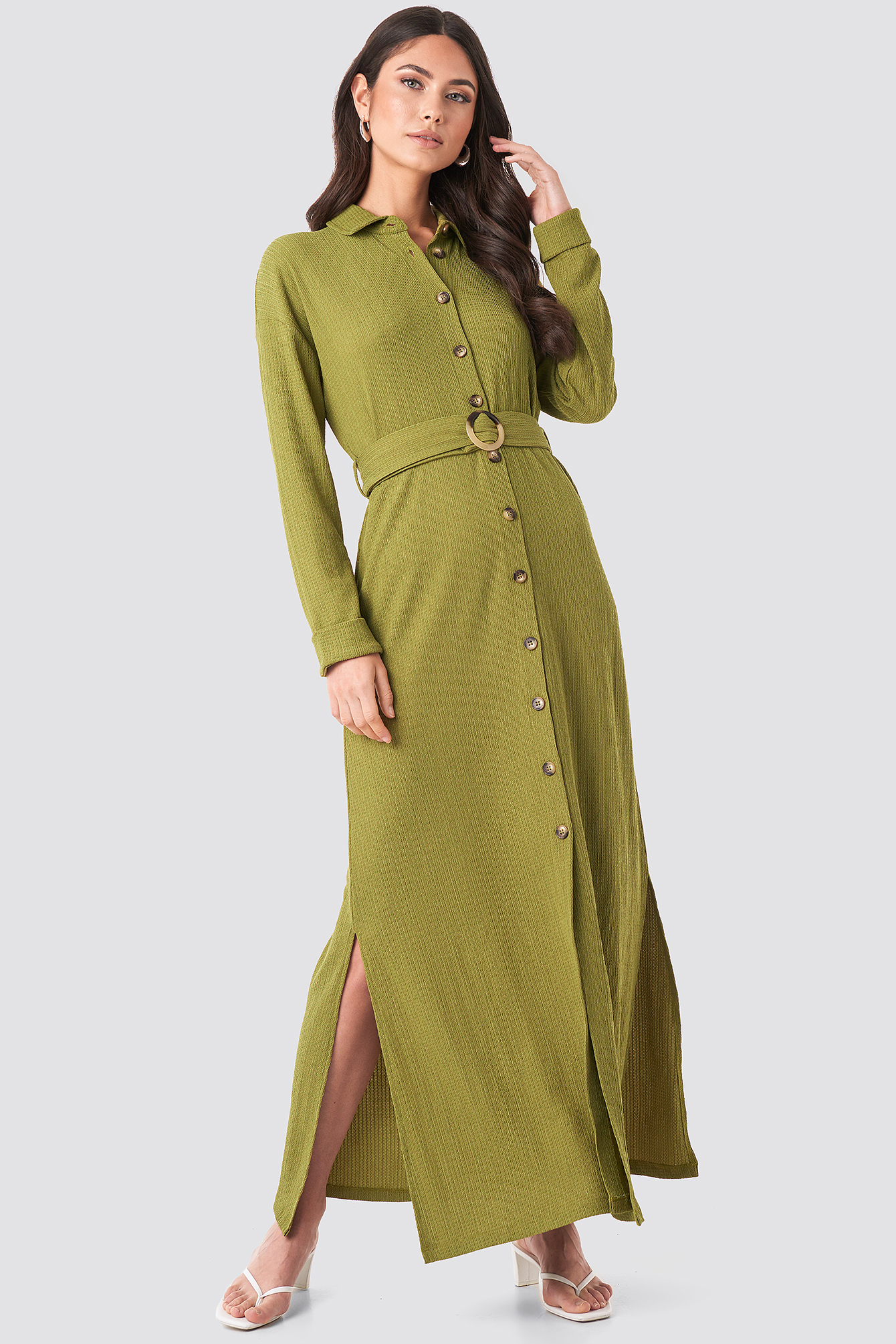 Belted Shirt Maxi Dress Green