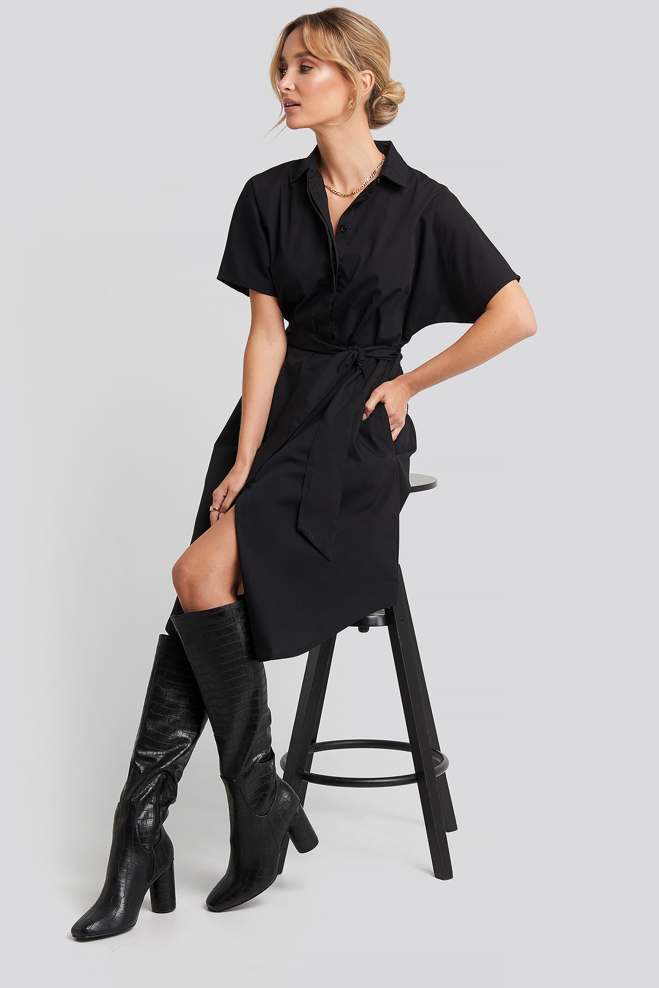 Belted Short Sleeve Shirt Dress Black