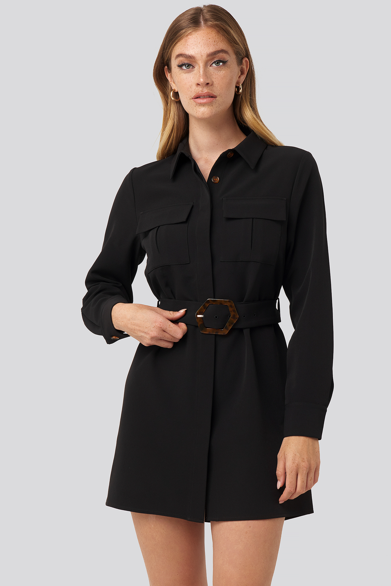 Belted Straight Fit Shirt Dress Black