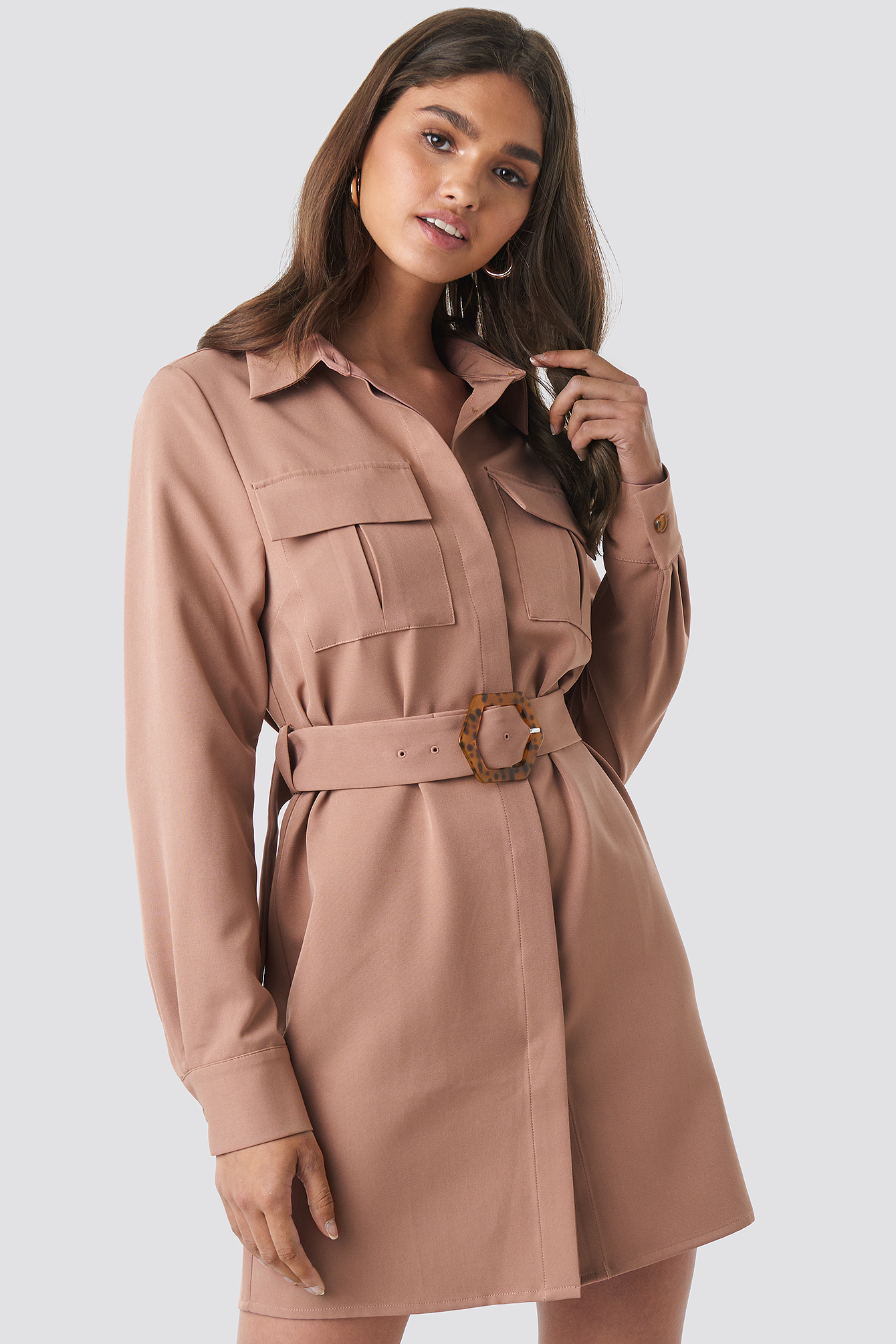 Belted Straight Fit Shirt Dress Dusty Dark Pink