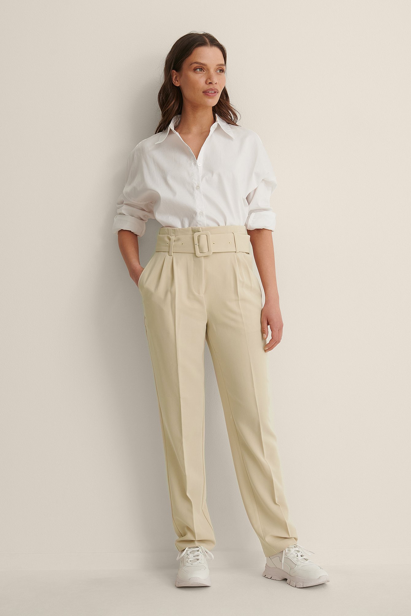 Beige Recycled Belted Suit Pants