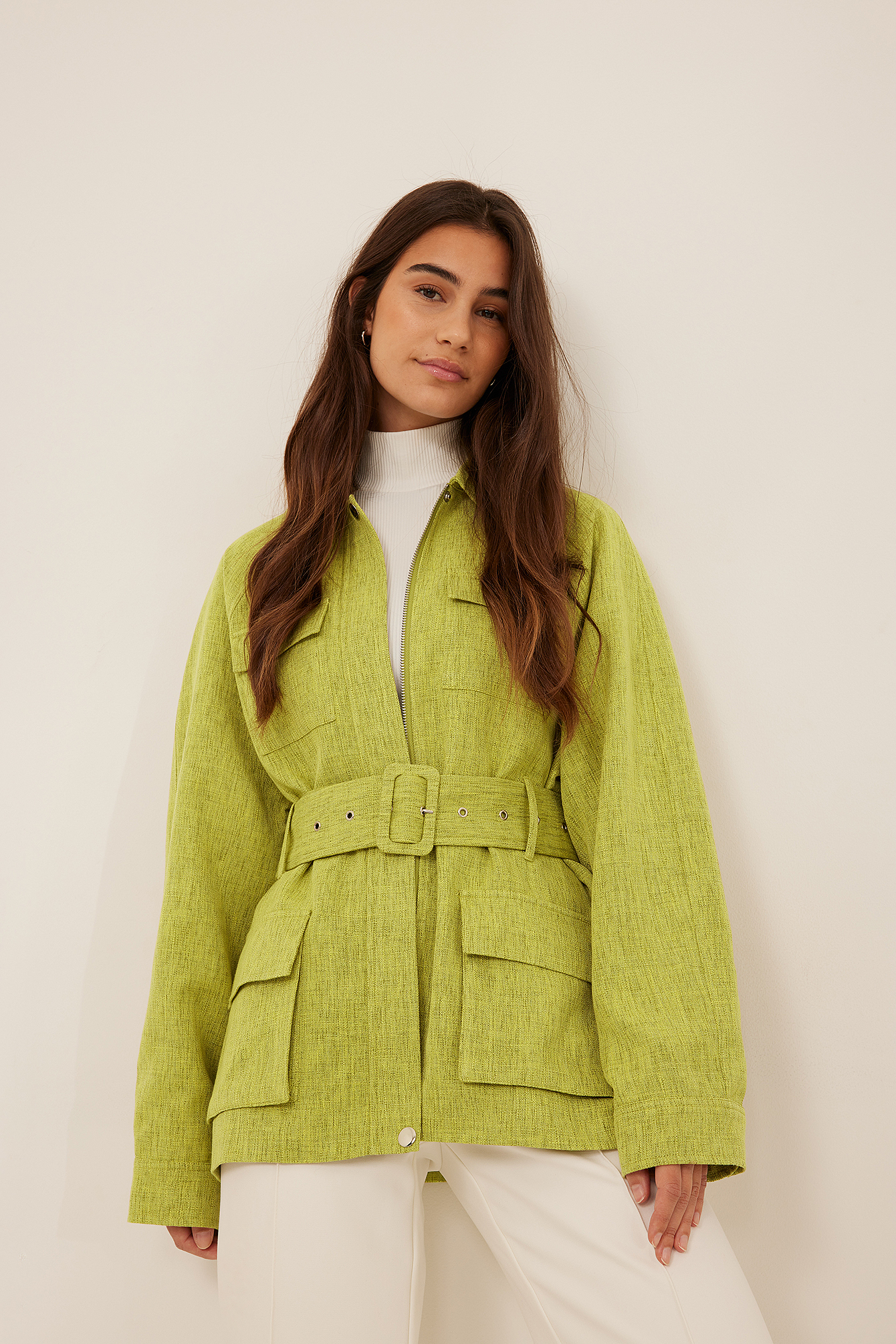 NA-KD Trend Belted Twill Jacket - Green