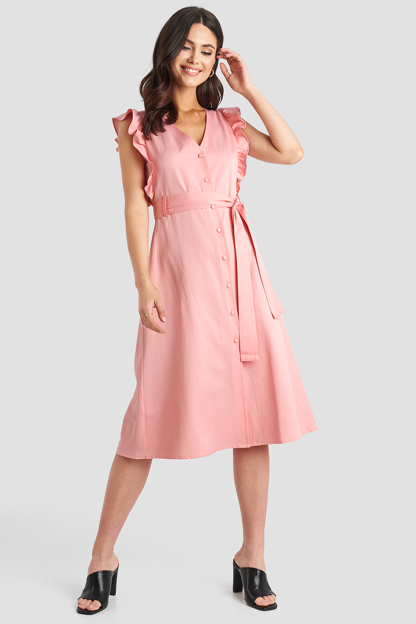 Belted V-Neck Ruffle Midi Dress Dusty Pink