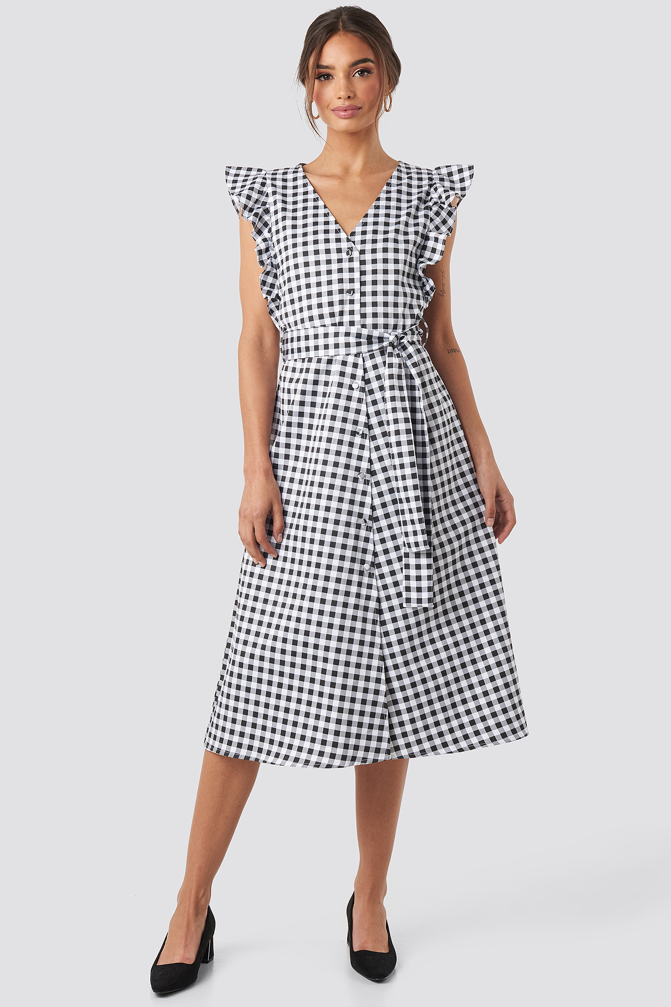 Belted V-Neck Ruffle Midi Dress White/Black