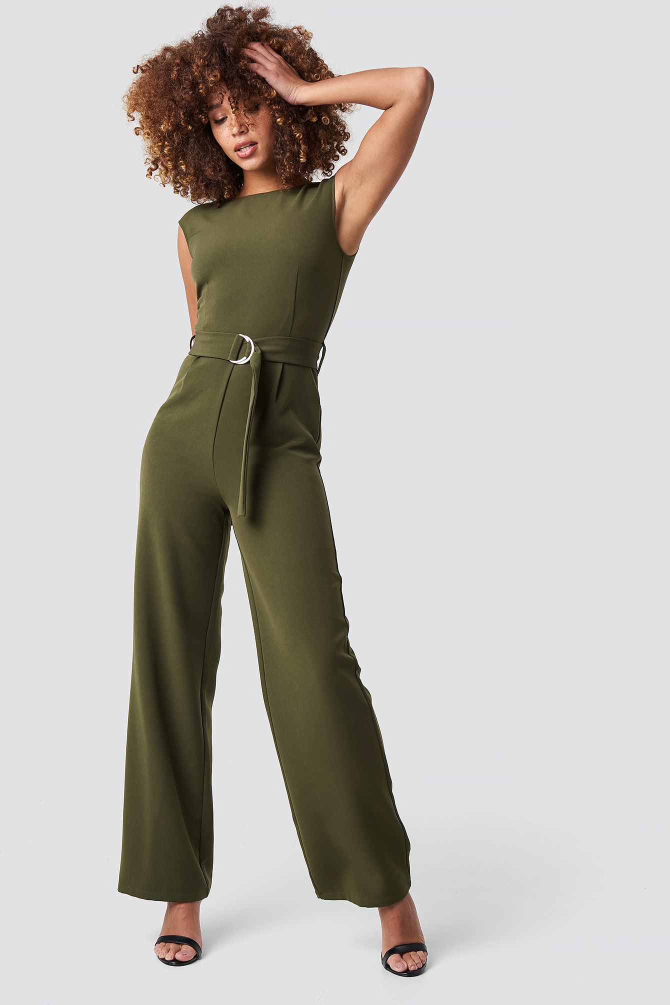 Belted Waist Jumpsuit Khaki Green