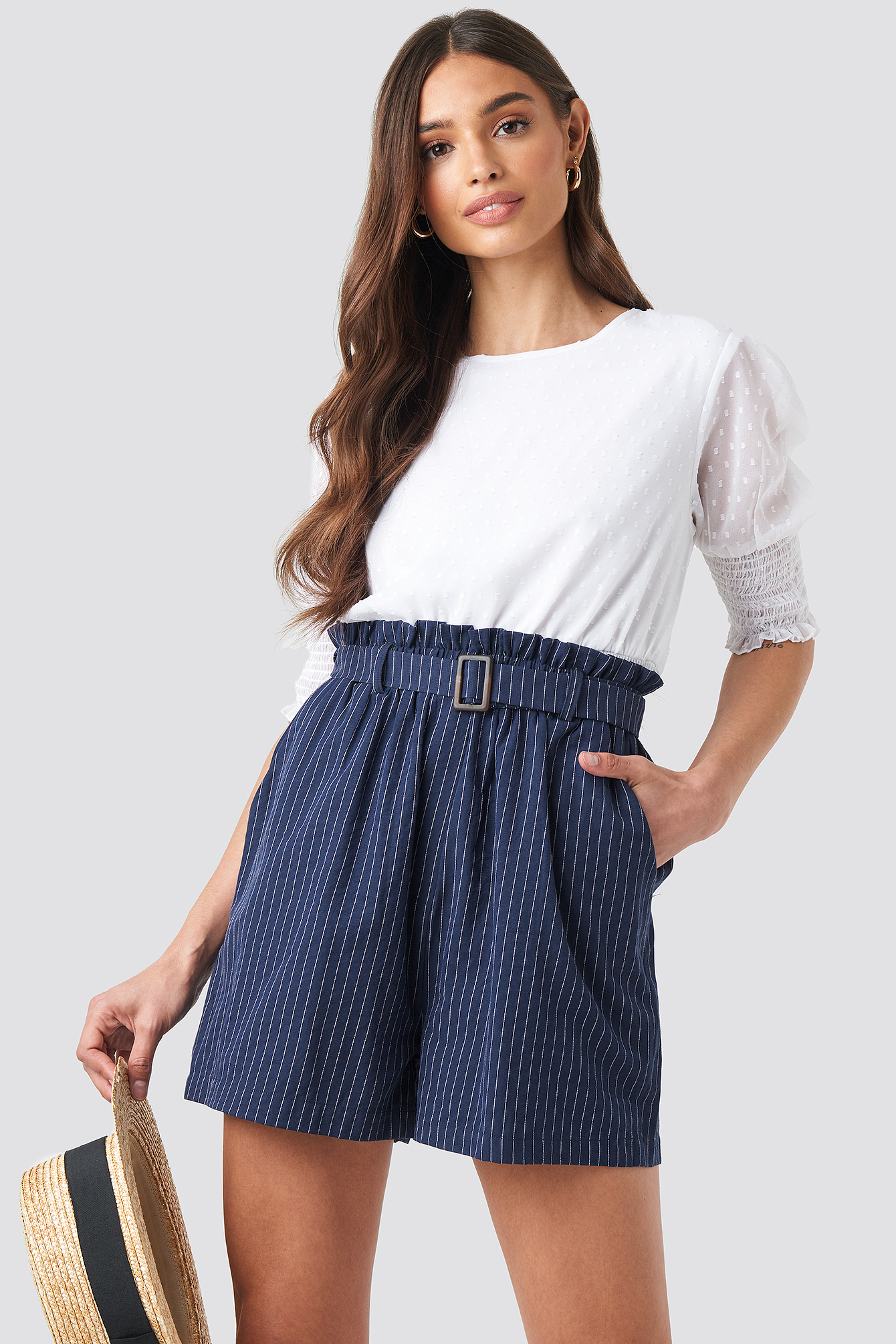Belted Waist Striped Shorts Dark Blue