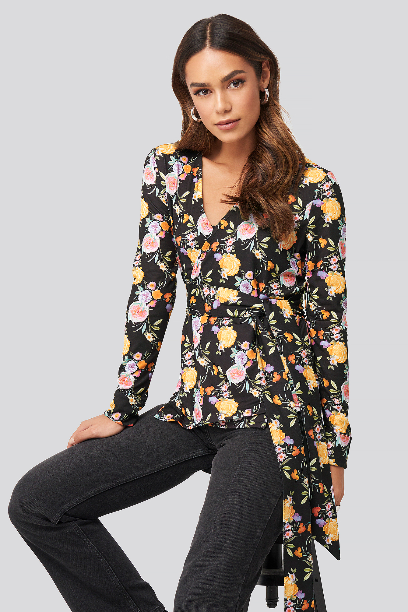 Na-Kd Belted Wrap Jersey Top - Flower