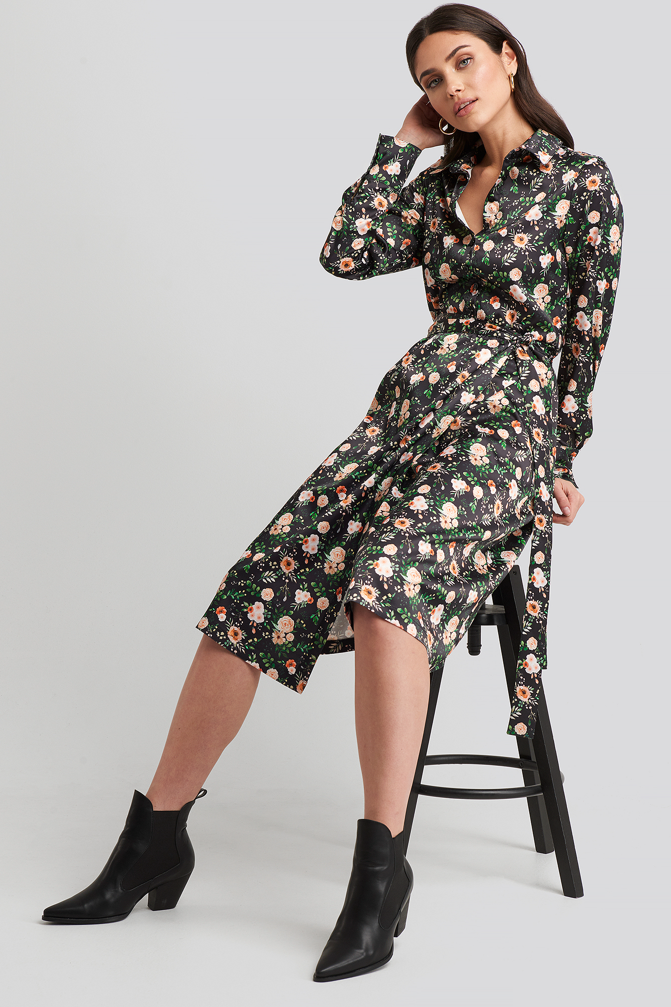 Belted Wrap Midi Dress Floral Print