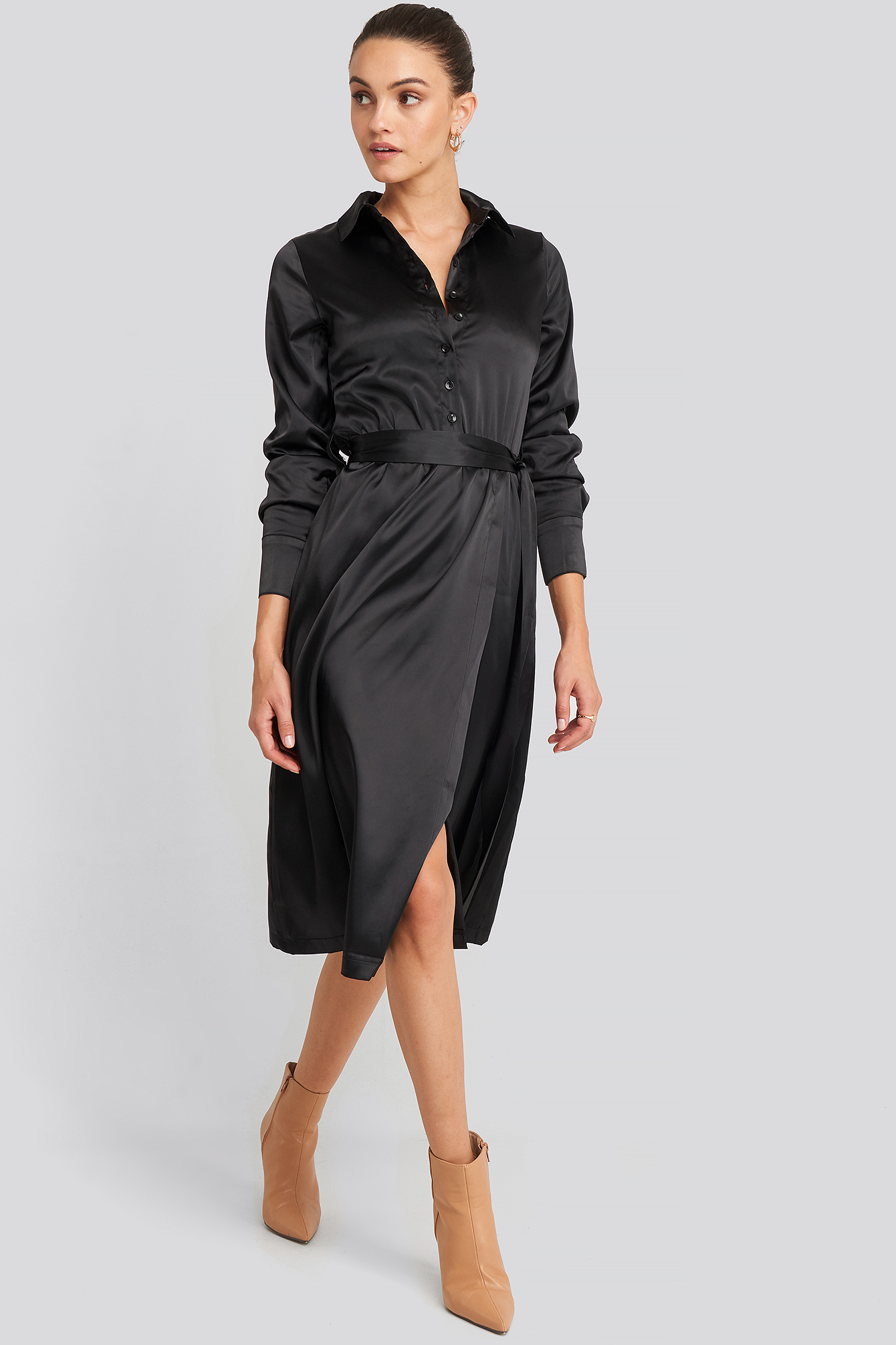 Belted Wrap Midi Dress Deep Black