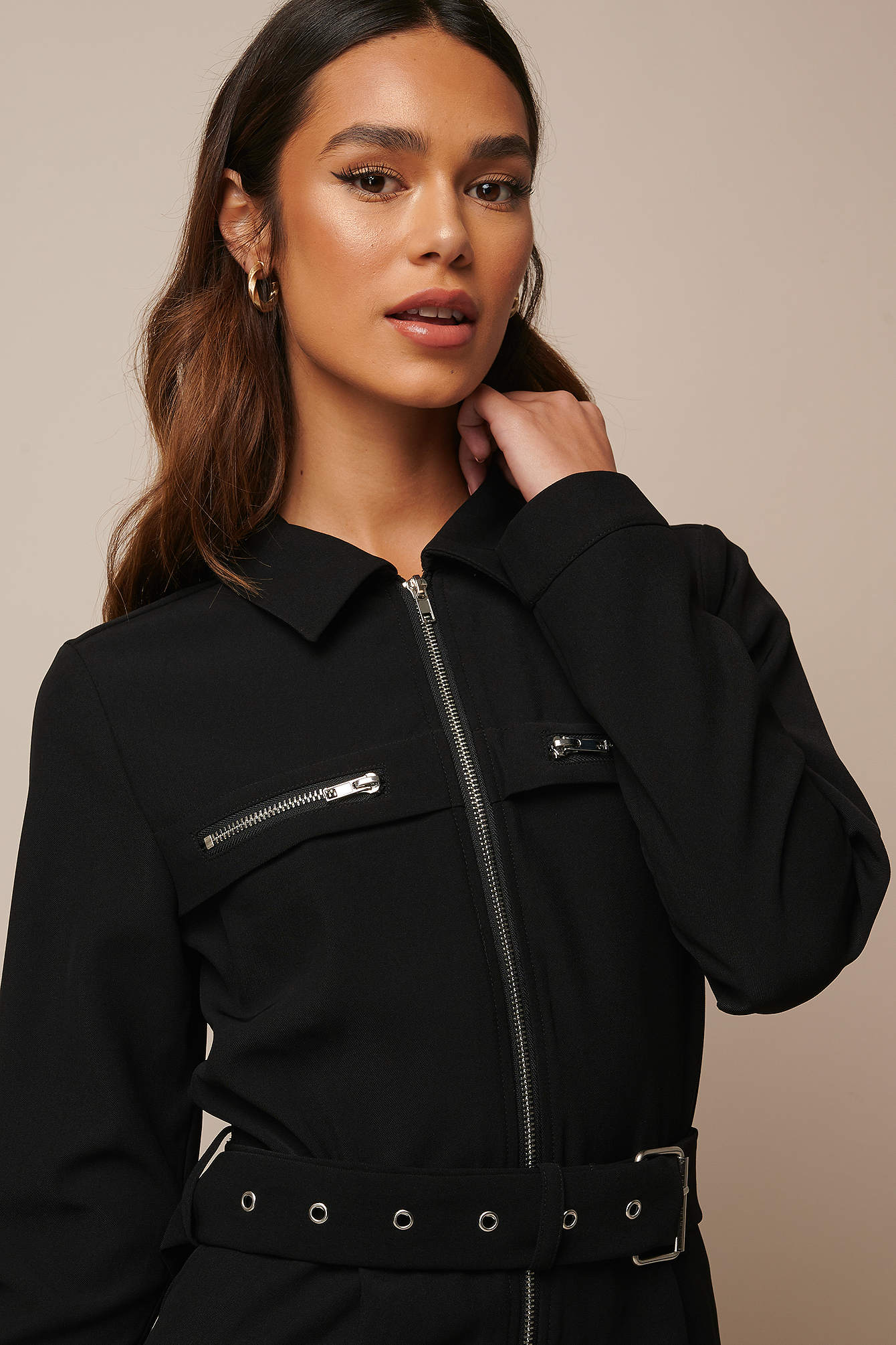 Belted Zip Detail Jumpsuit Negro