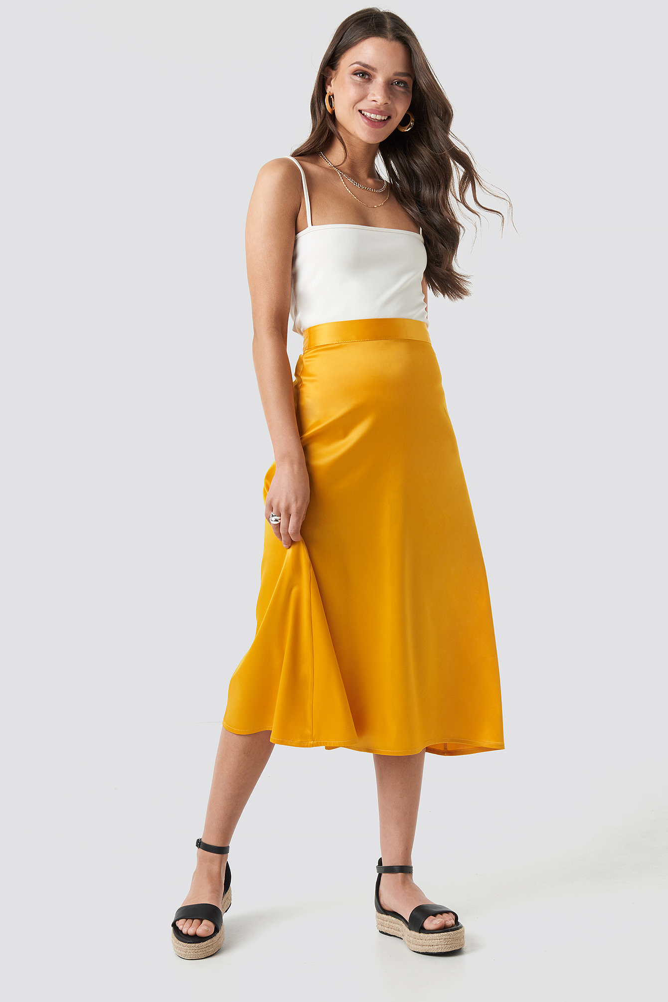 Bias Cut Satin Midi Skirt Yellow