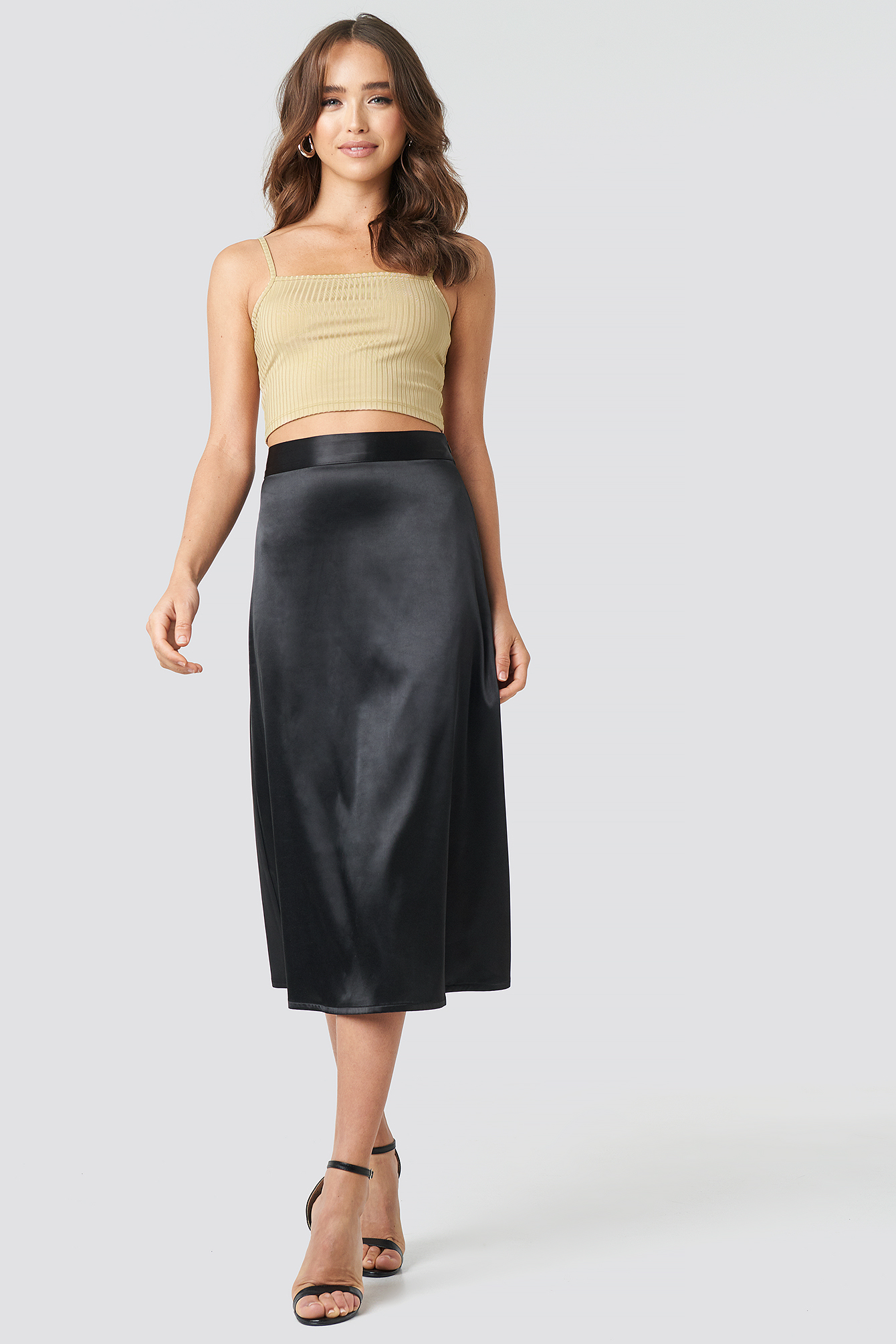 Bias Cut Satin Midi Skirt Black
