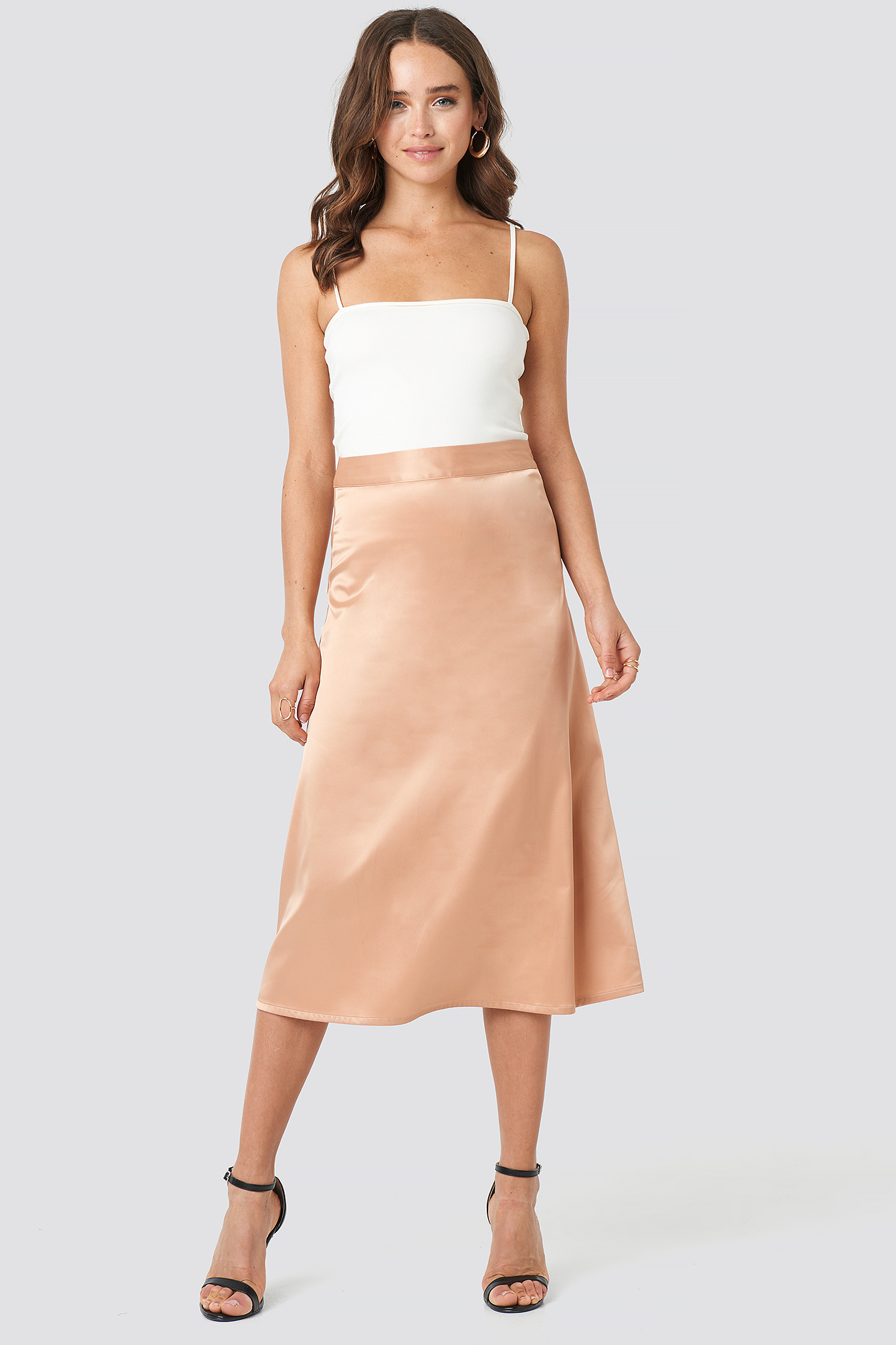 Bias Cut Satin Midi Skirt Taupe