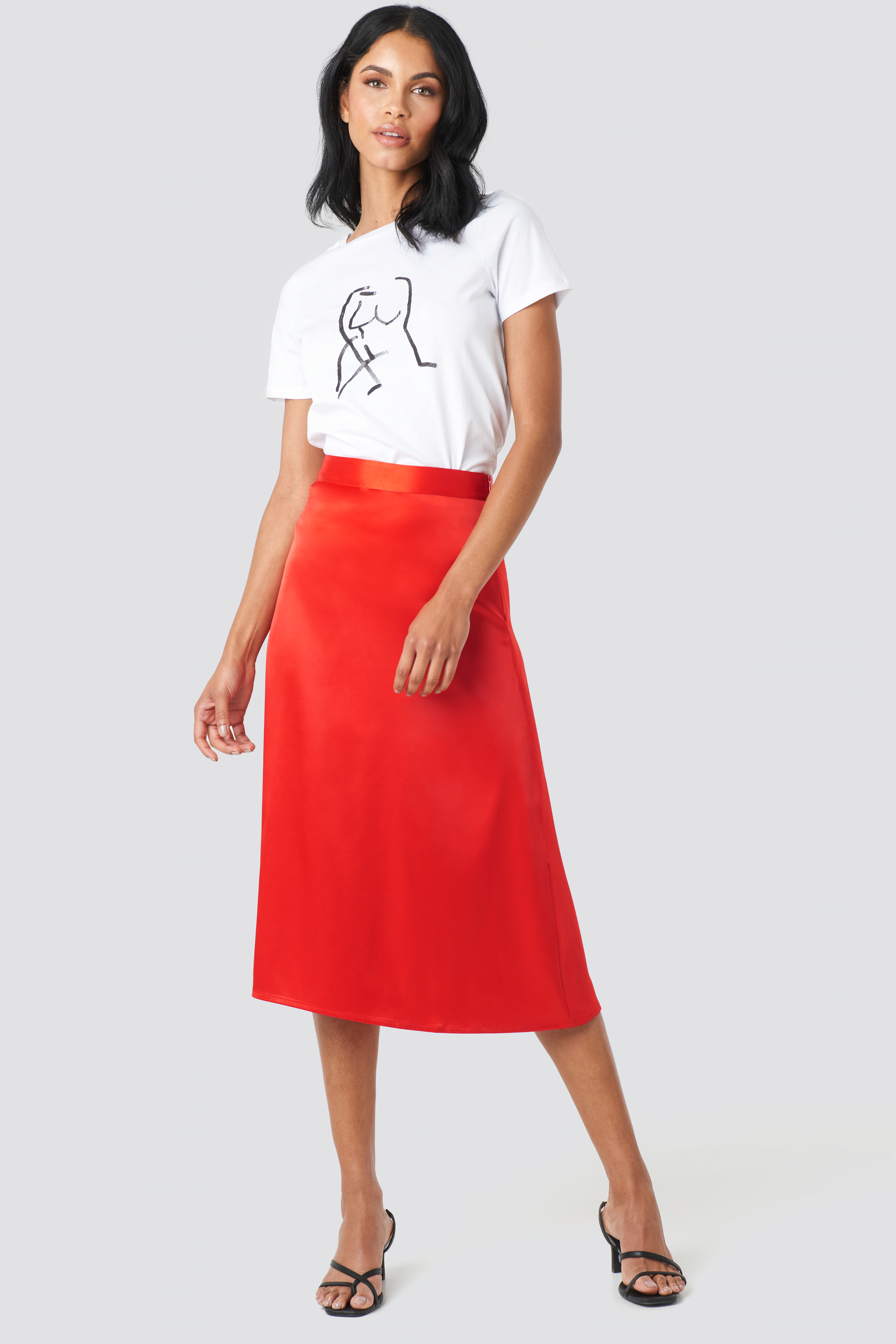 Bias Cut Satin Midi Skirt Red